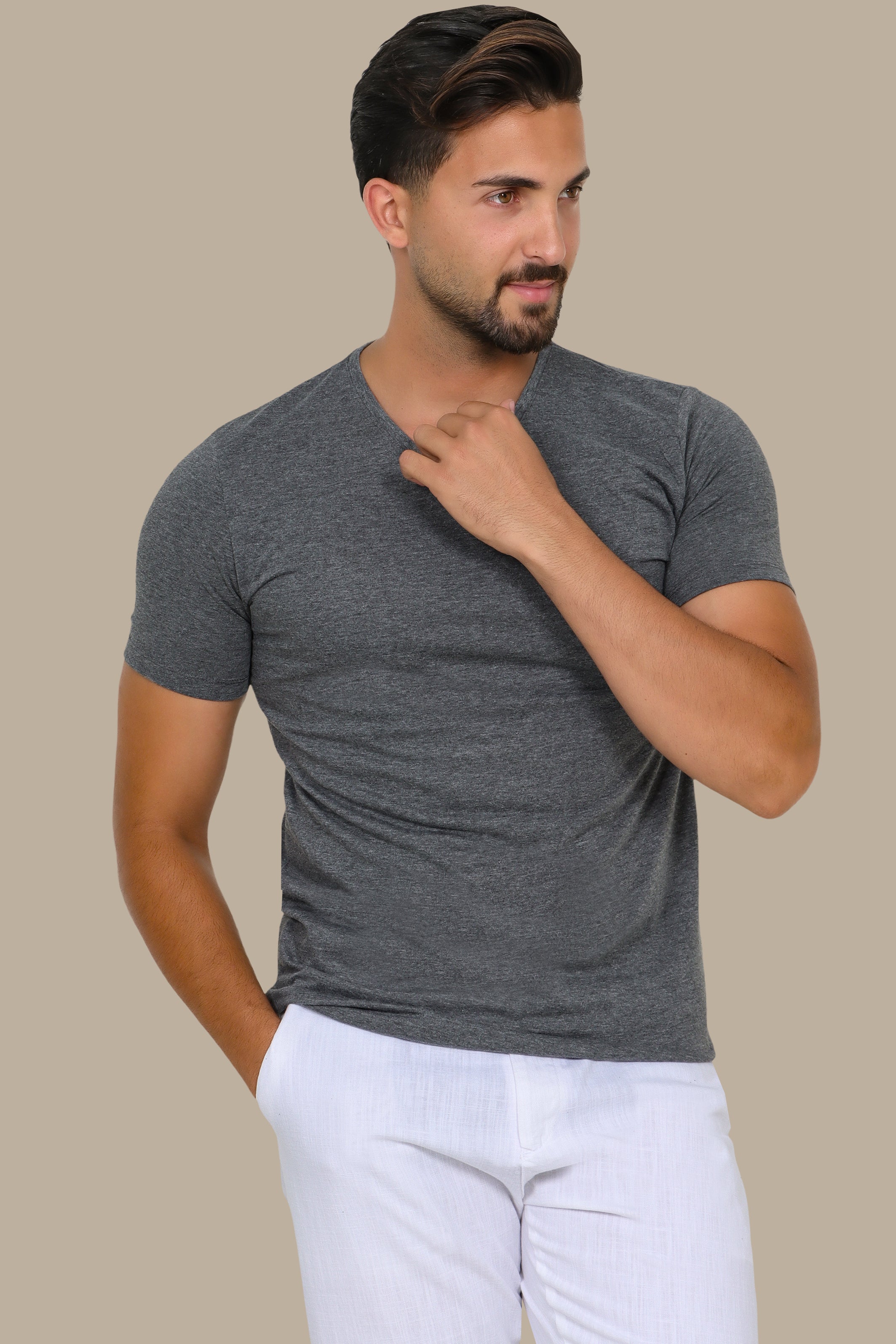 Grey Short Sleeve Basic V-Neck T-Shirt