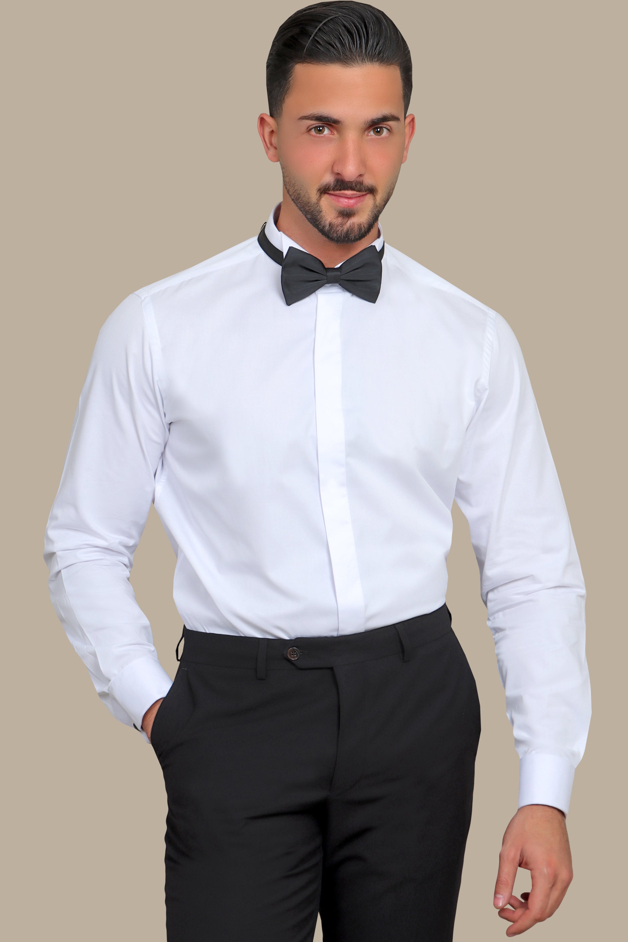 Elegant Whispers: White Tuxedo Shirt with Hidden Buttons