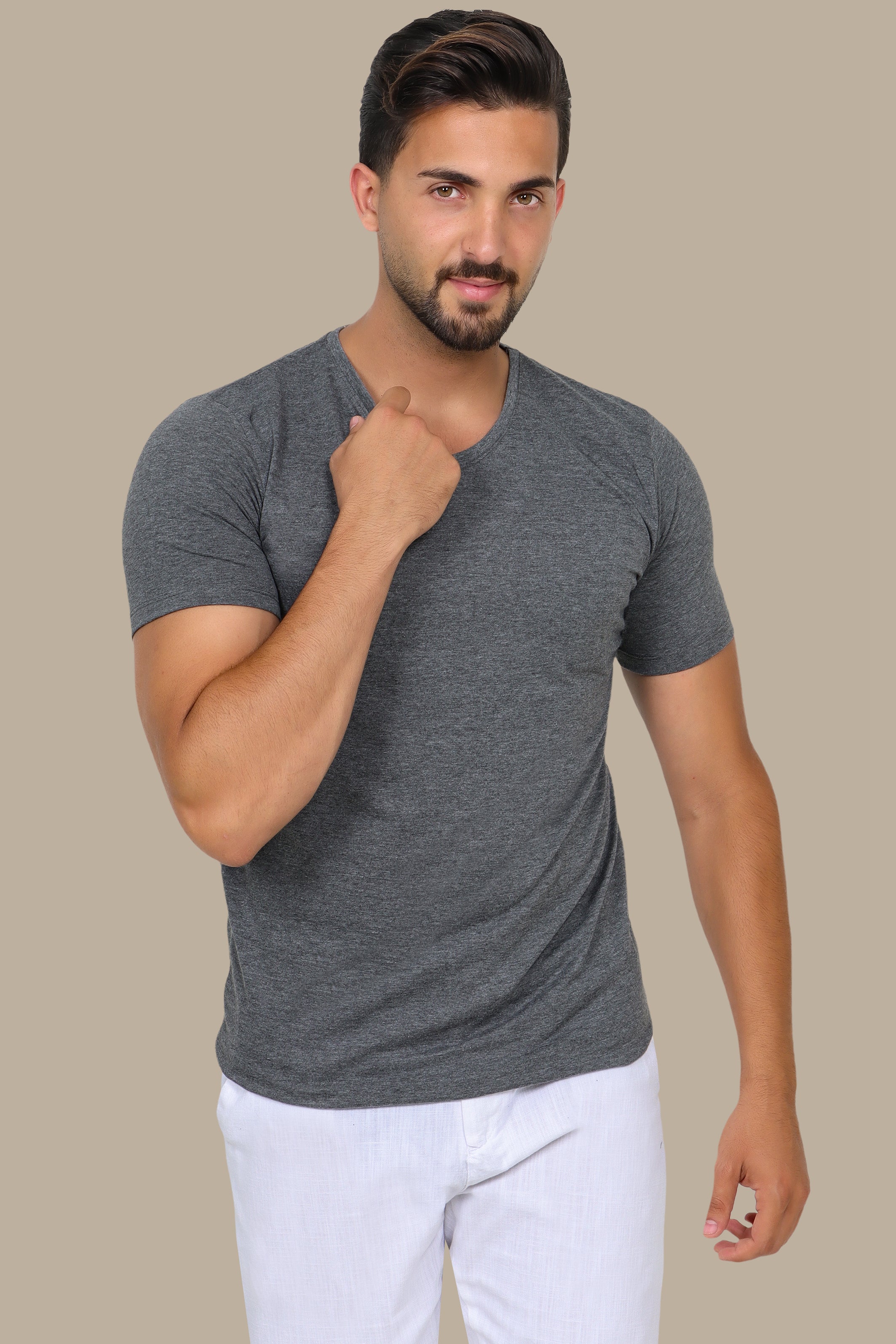 Grey Short Sleeve Basic V-Neck T-Shirt