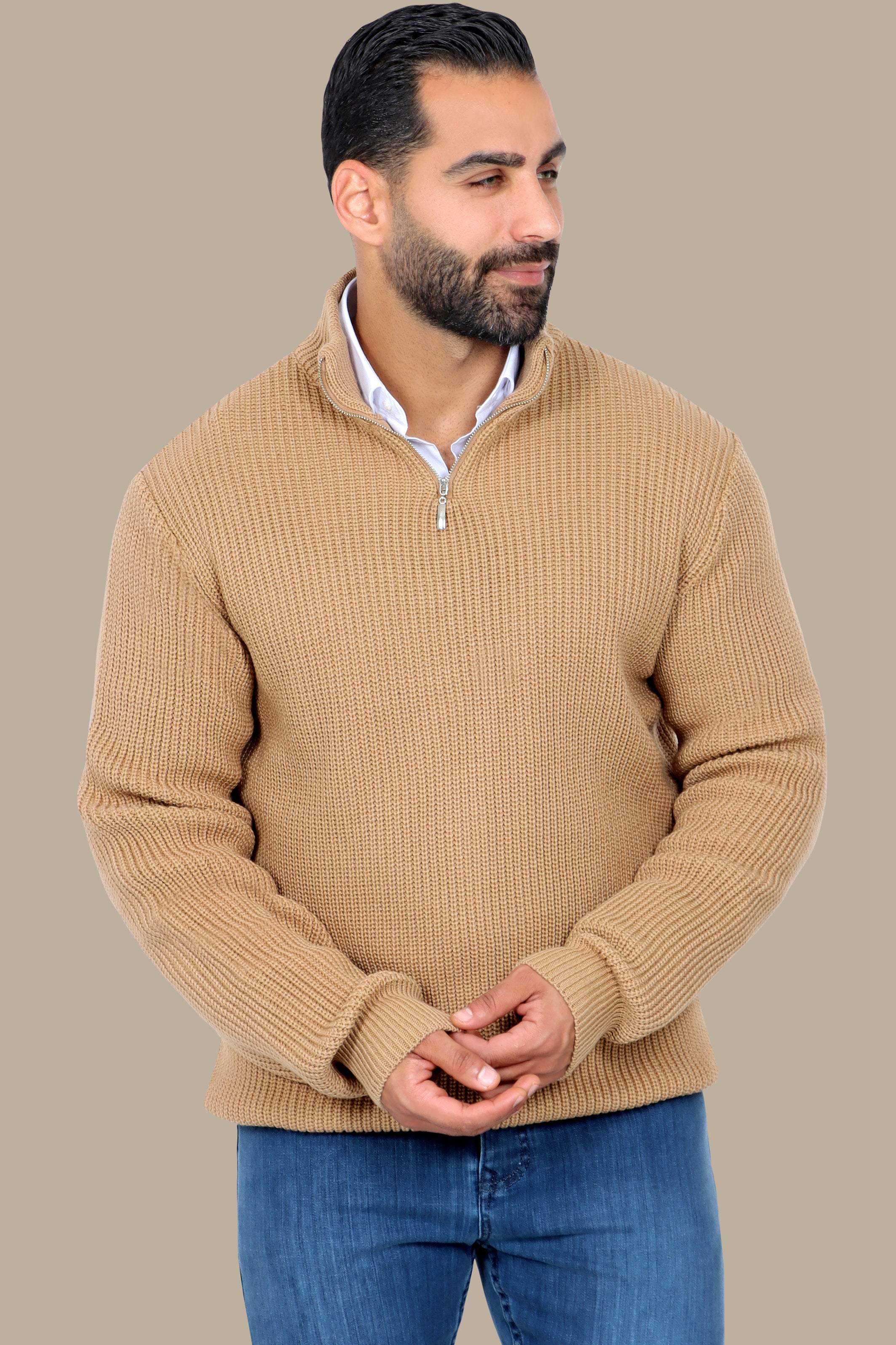 Beige Half-Zipper Plain Mercerized Sweater