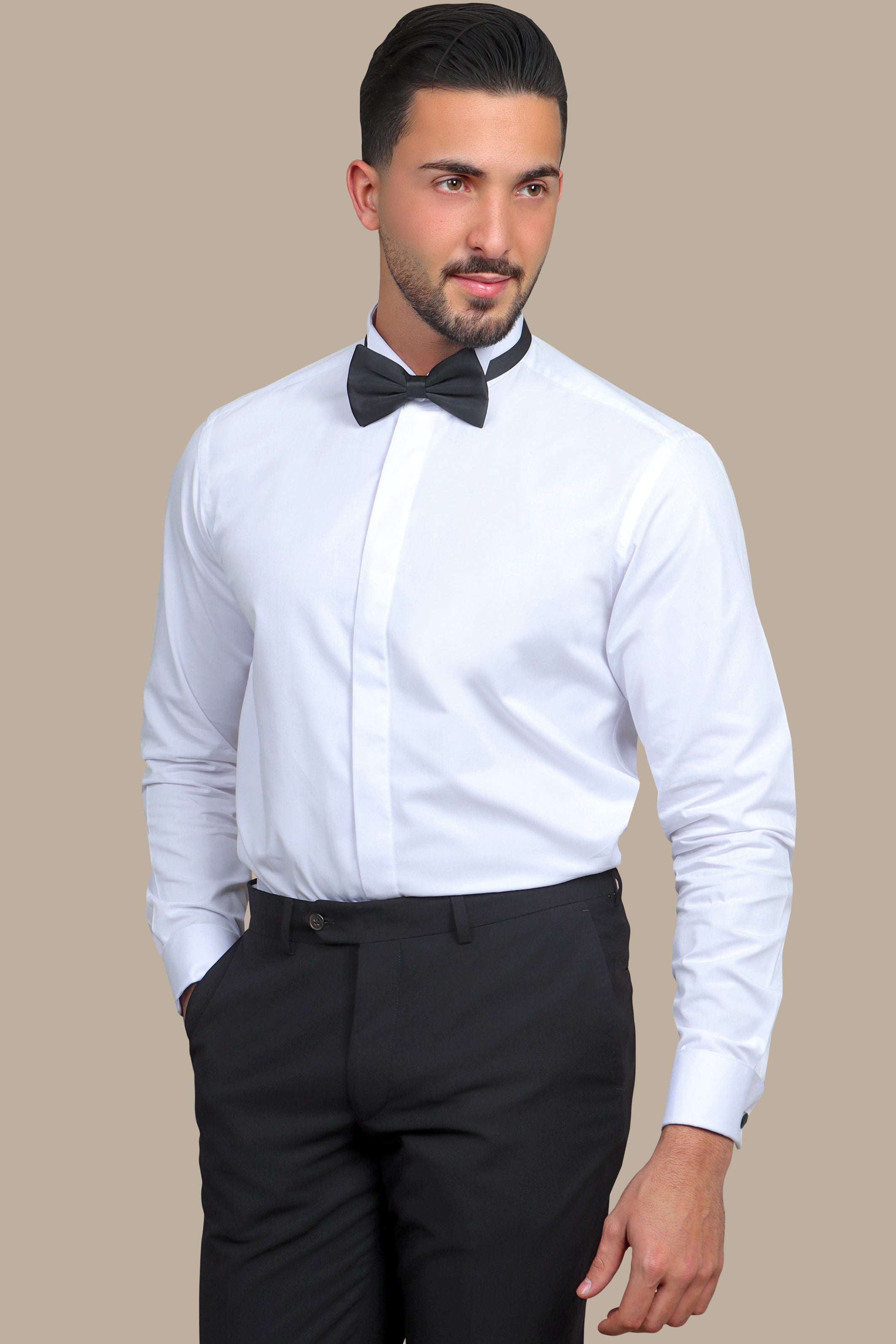 Elegant Whispers: White Tuxedo Shirt with Hidden Buttons