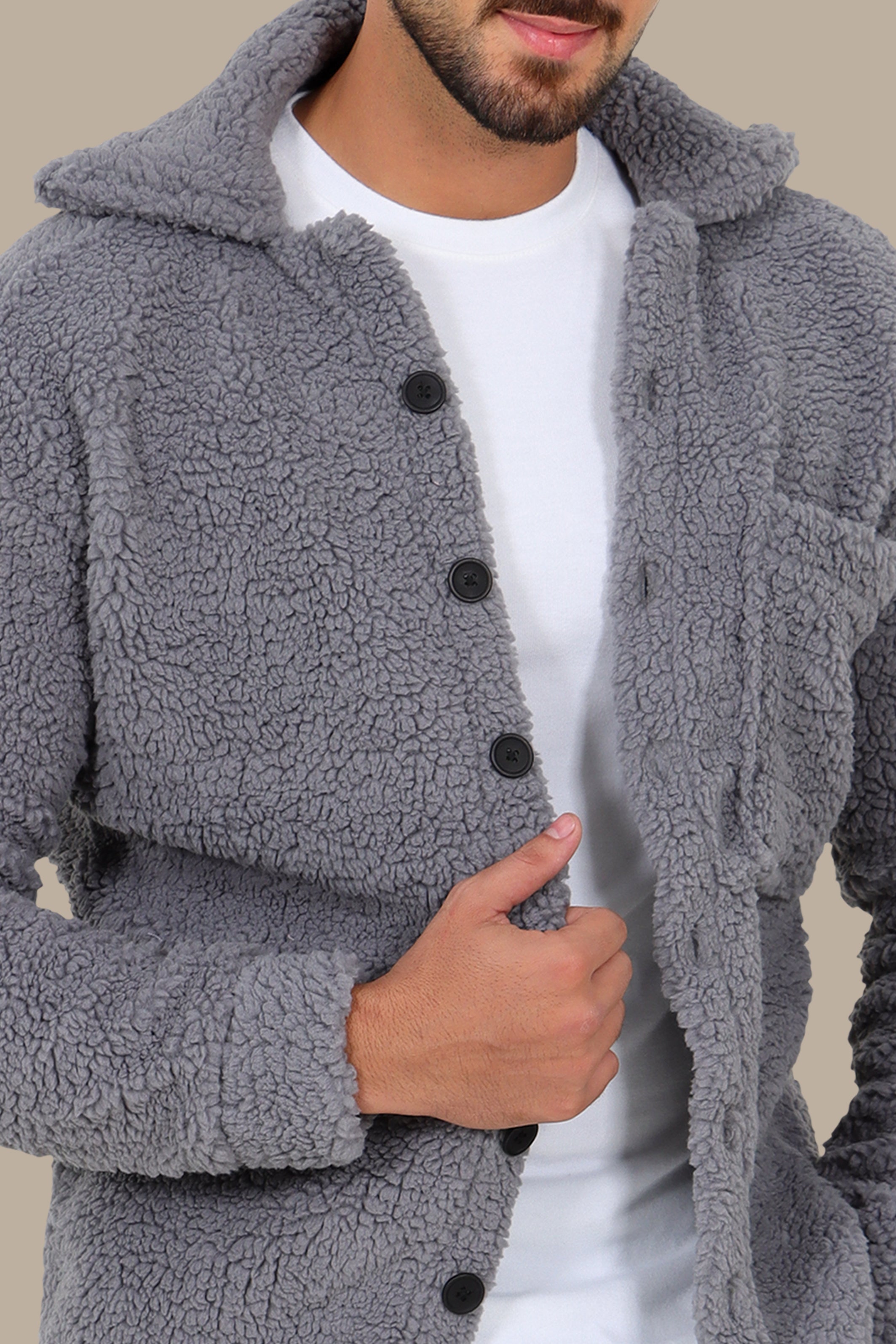 Grey Full-Button Teddy Cardigan