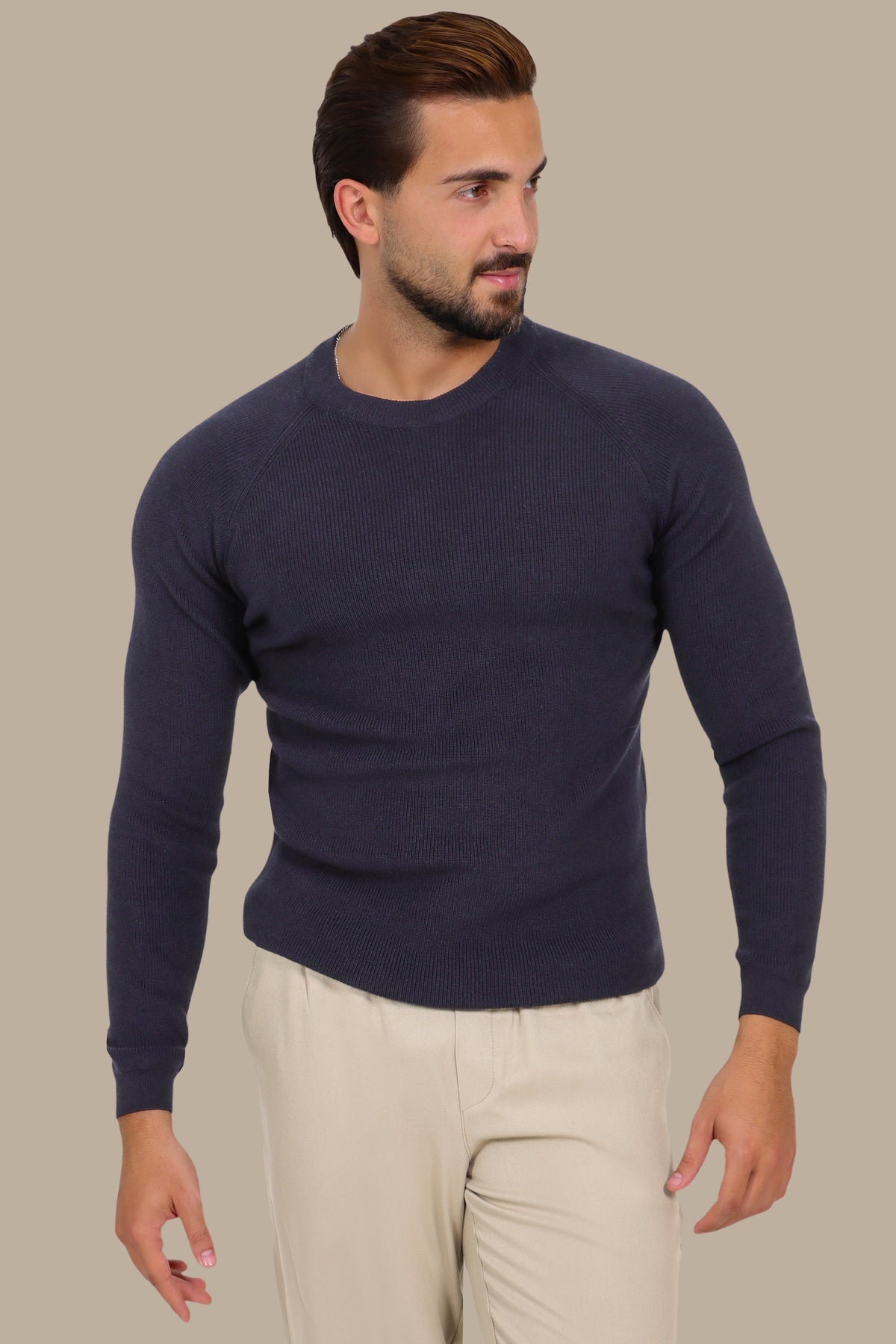 Round Neck Shoulder-Cup Sweater – Navy