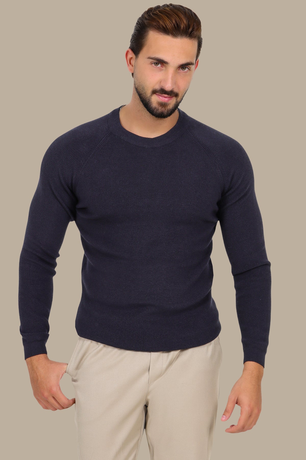 Round Neck Shoulder-Cup Sweater – Navy