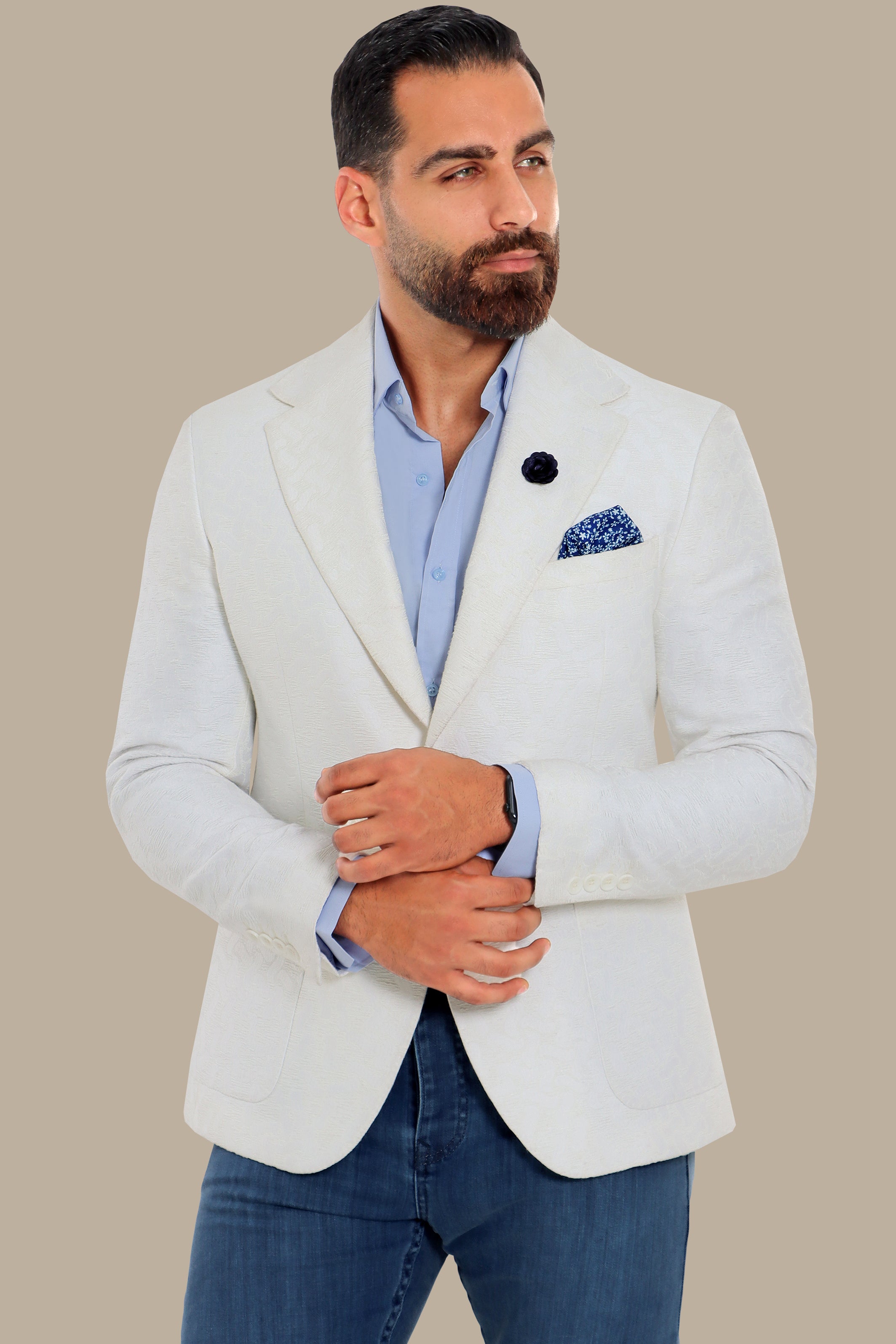 Classic Allure: White Blazer with Patterned Patch Pockets