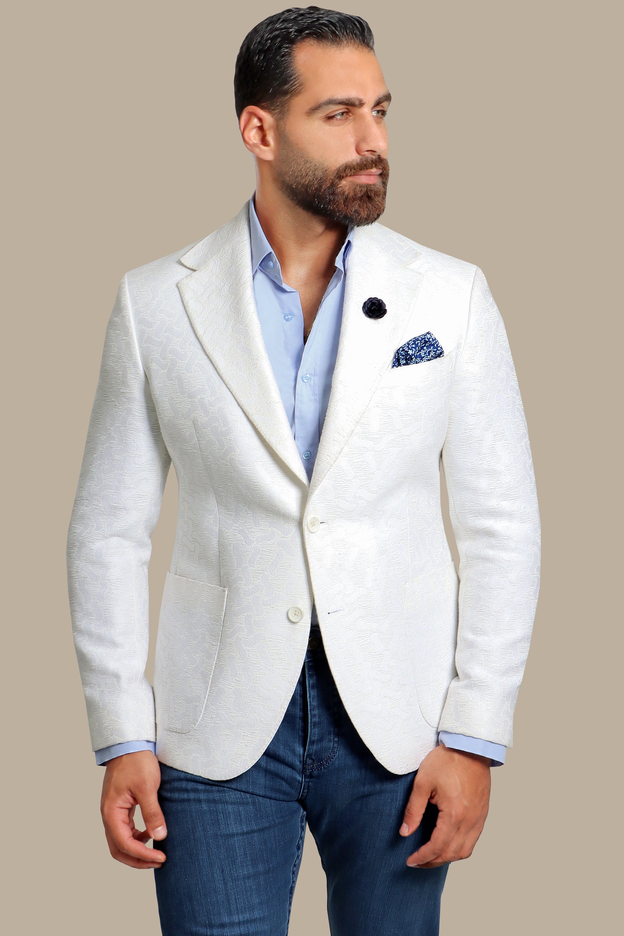 Classic Allure: White Blazer with Patterned Patch Pockets