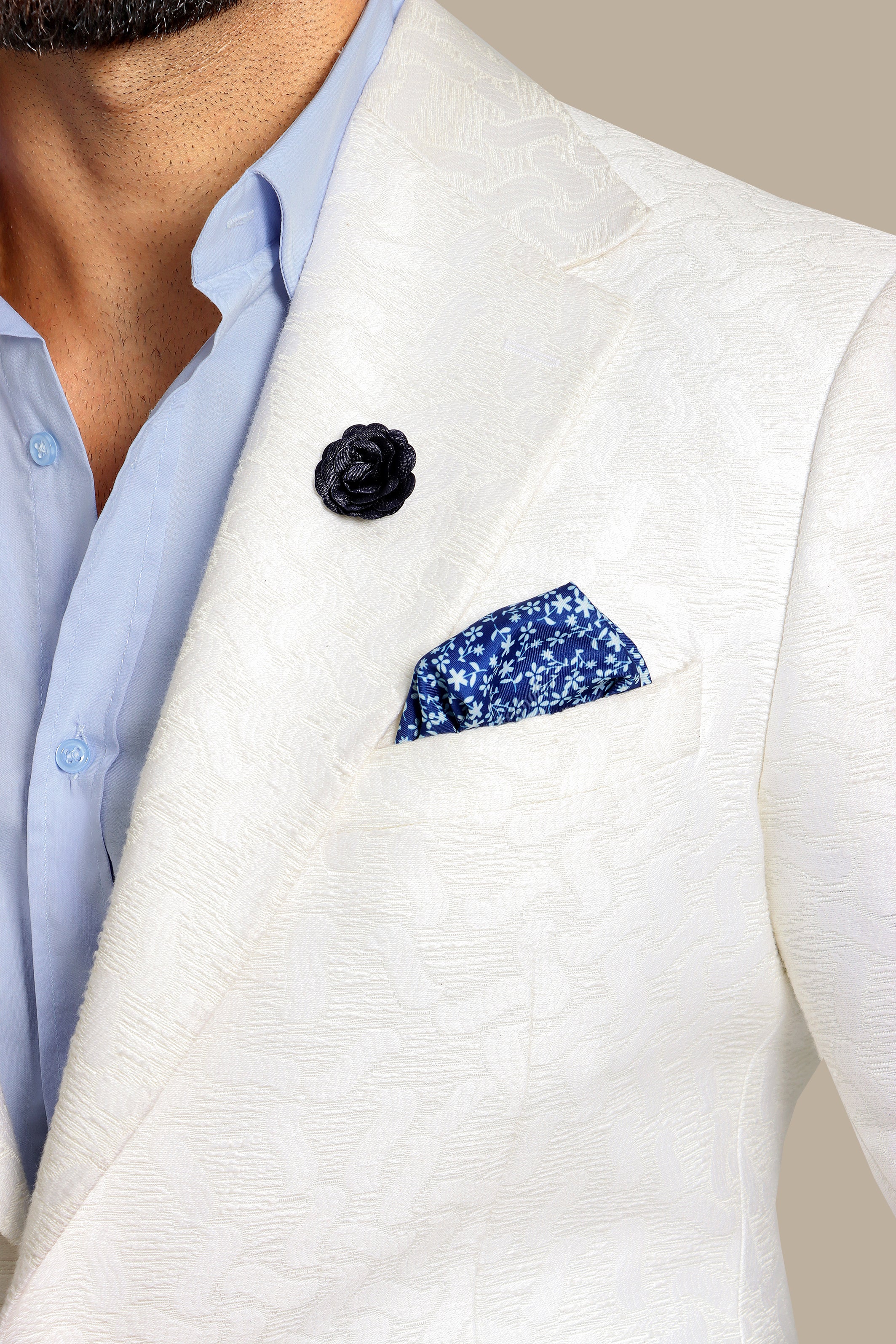 Classic Allure: White Blazer with Patterned Patch Pockets