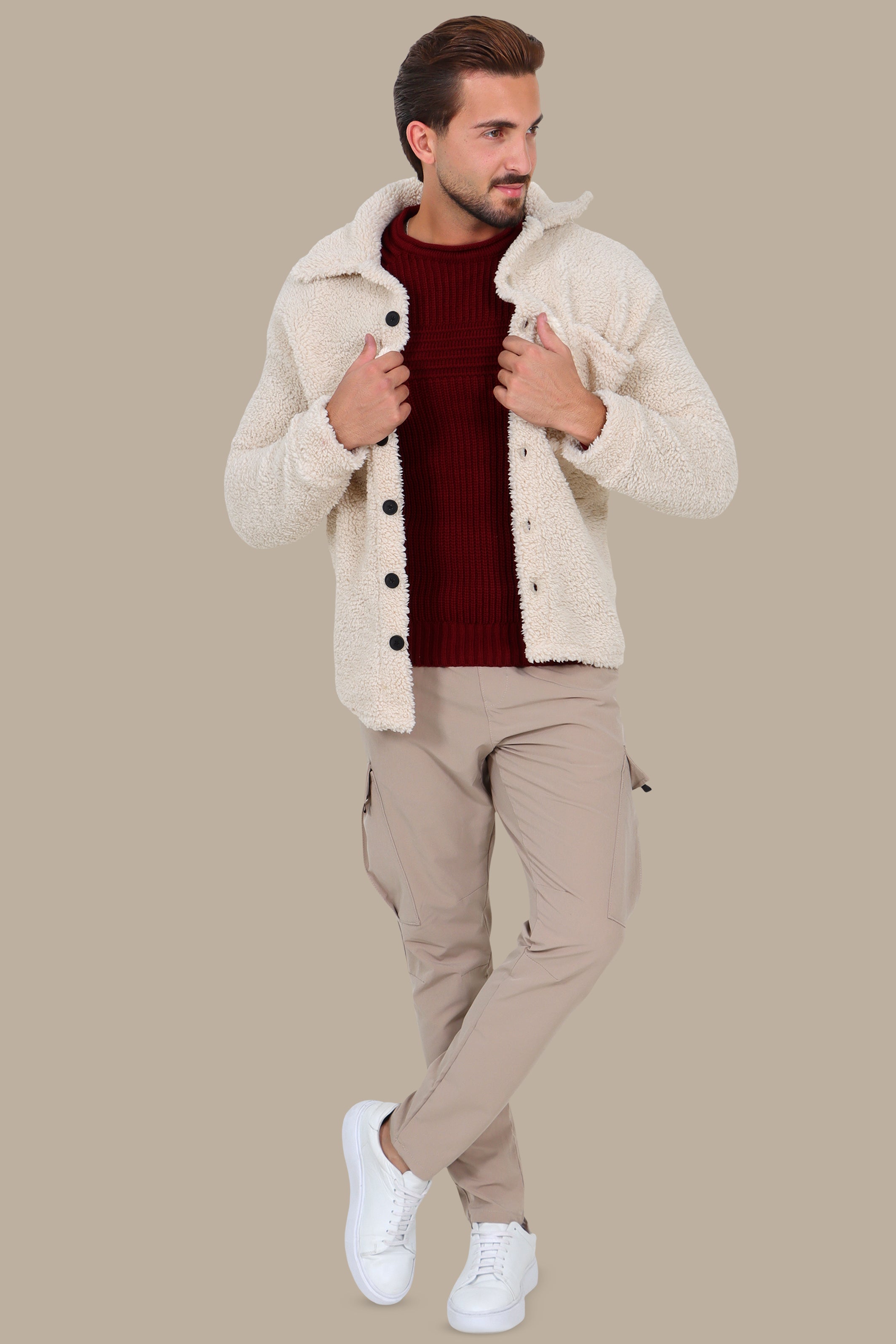 Light Beige Full-Button Teddy Cardigan