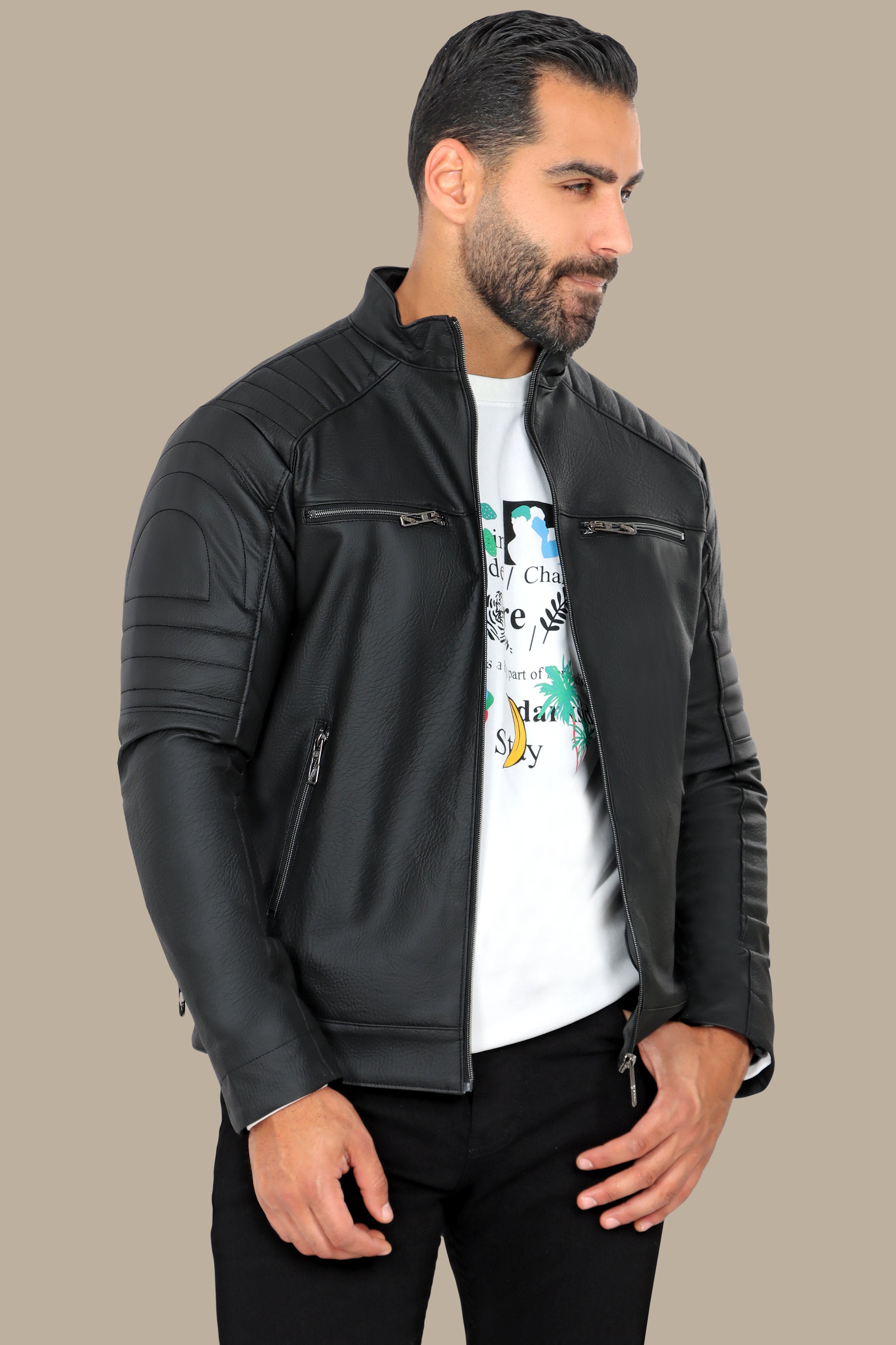 Rugged Elegance: Black Faux Leather Biker Jacket with Four Zippers