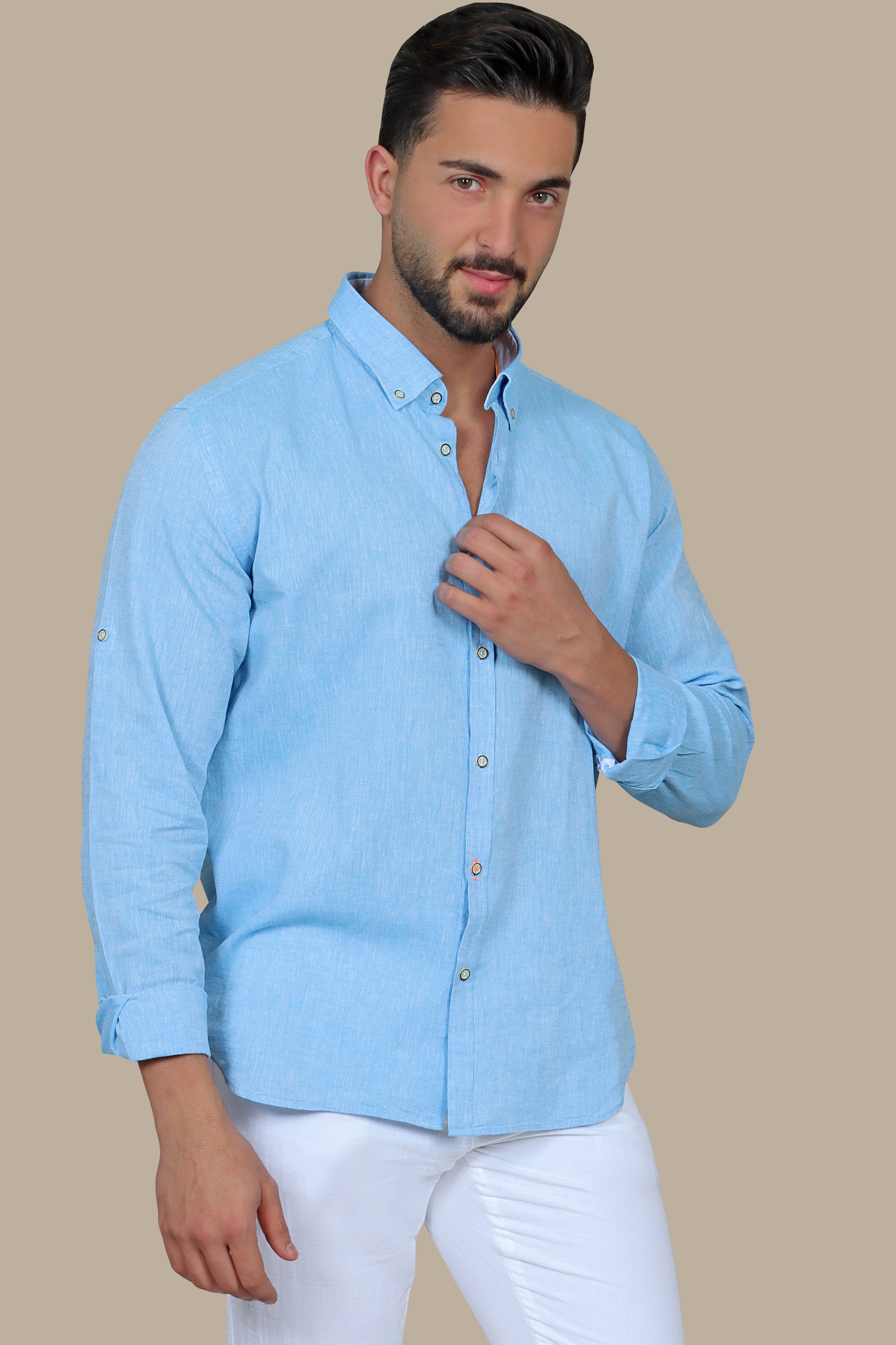 Shirt Linen Collar Printed Inside | Turquoise