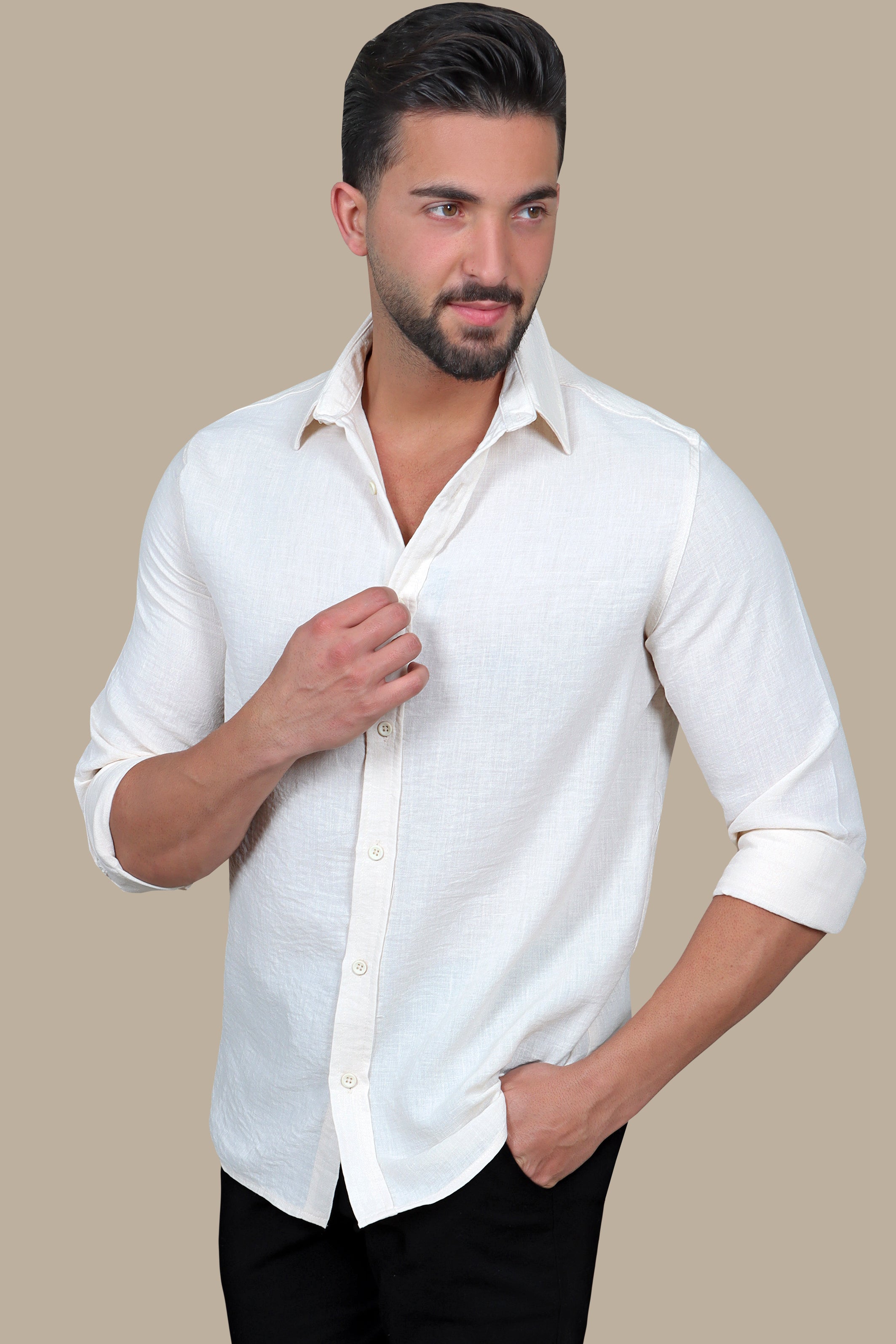 Timeless Comfort: Beige Linen Long Sleeve Shirt