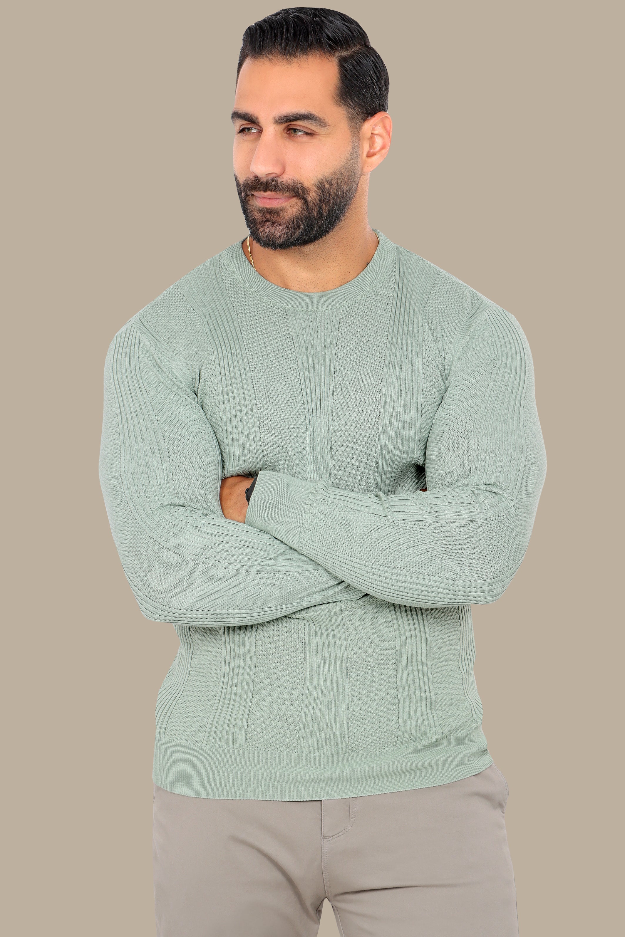 Light Green Structured Sweater with 3 Wide Lines