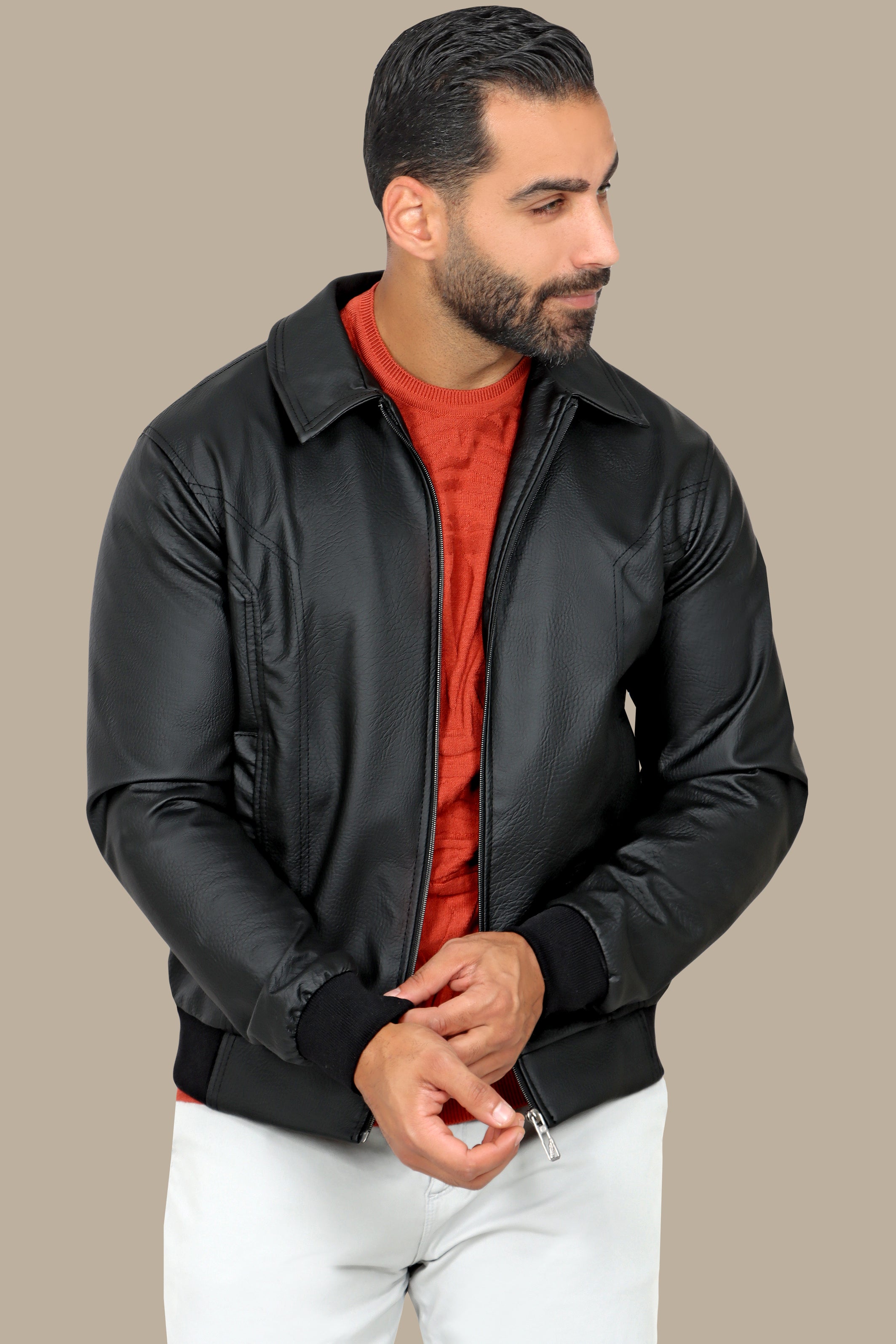 Timeless Charm: Black Leather Jacket with Classic Collar & Zipper