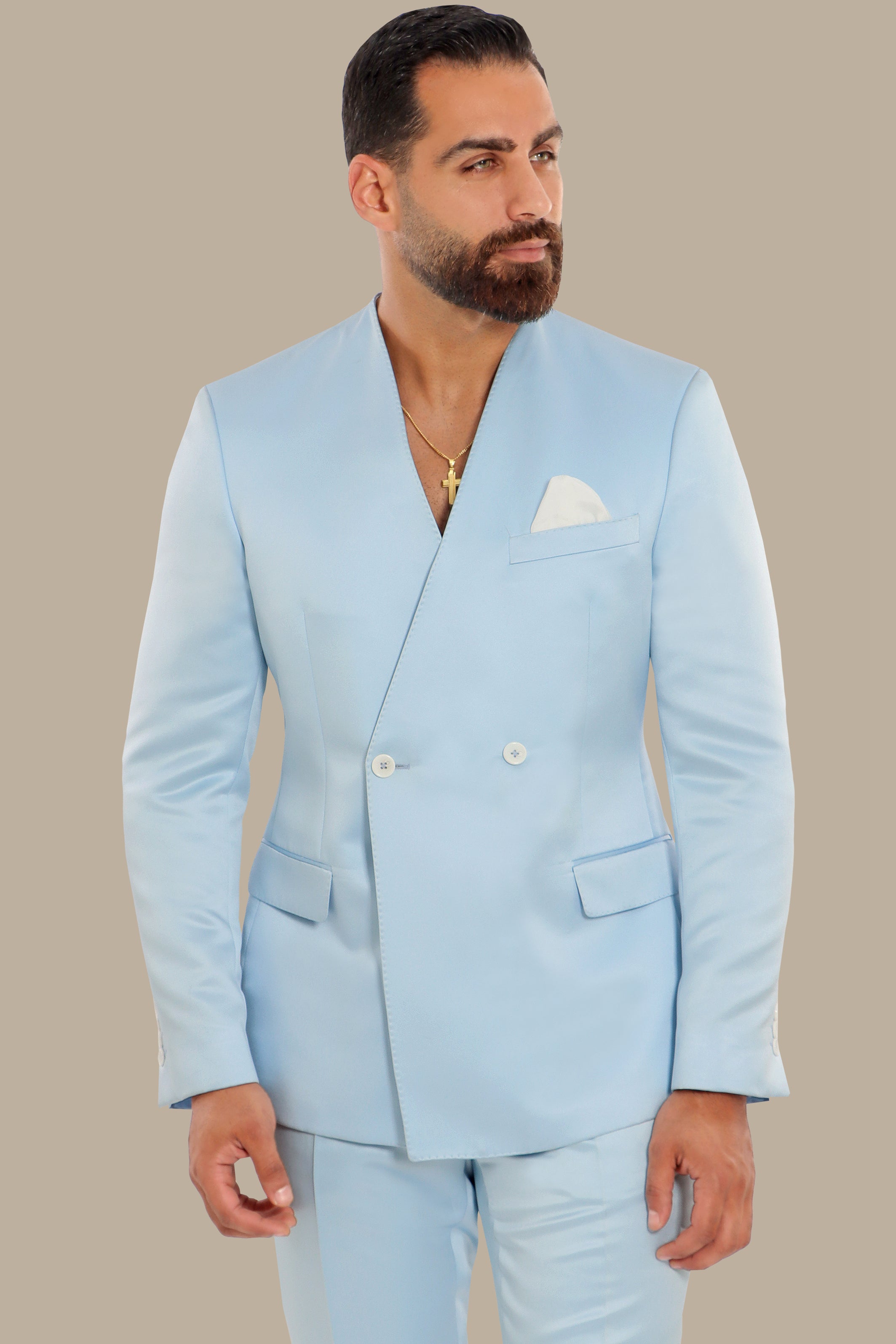 Azure Elegance: Light Blue Satin FV Suit Without Lapel