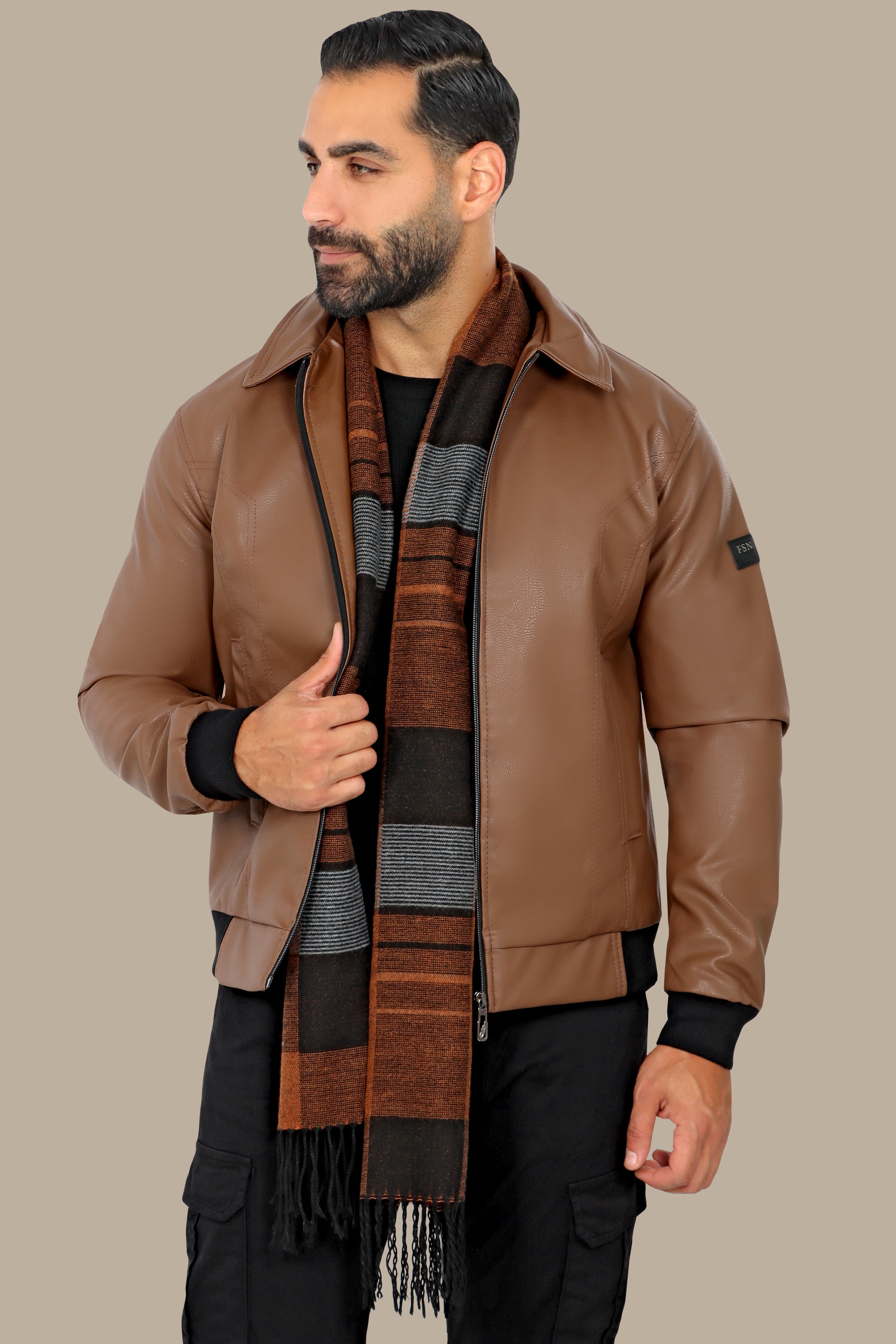 Timeless Charm: Brown Leather Jacket with Classic Collar & Zipper