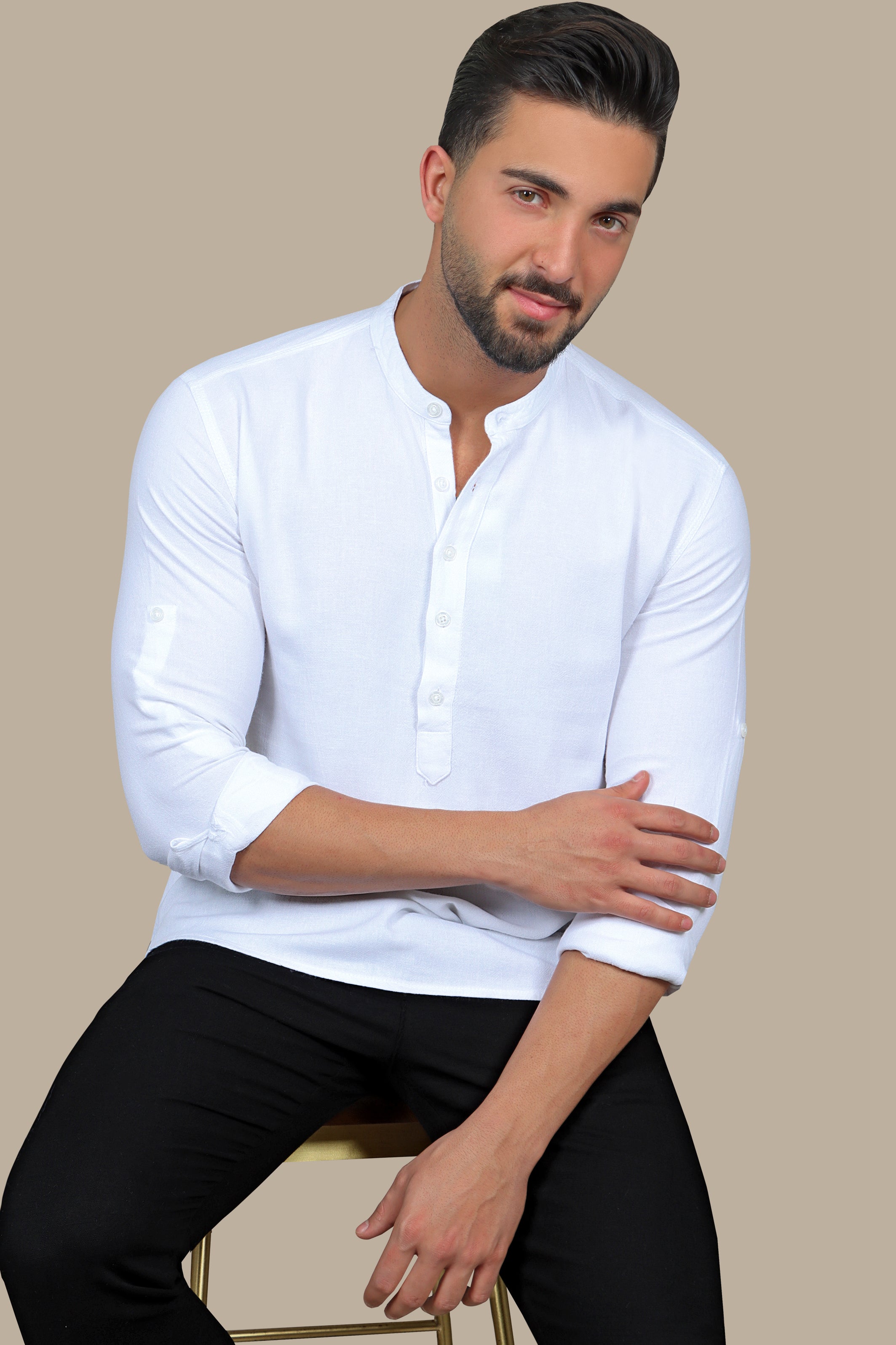 White Linen Shirt with Mandarin Collar