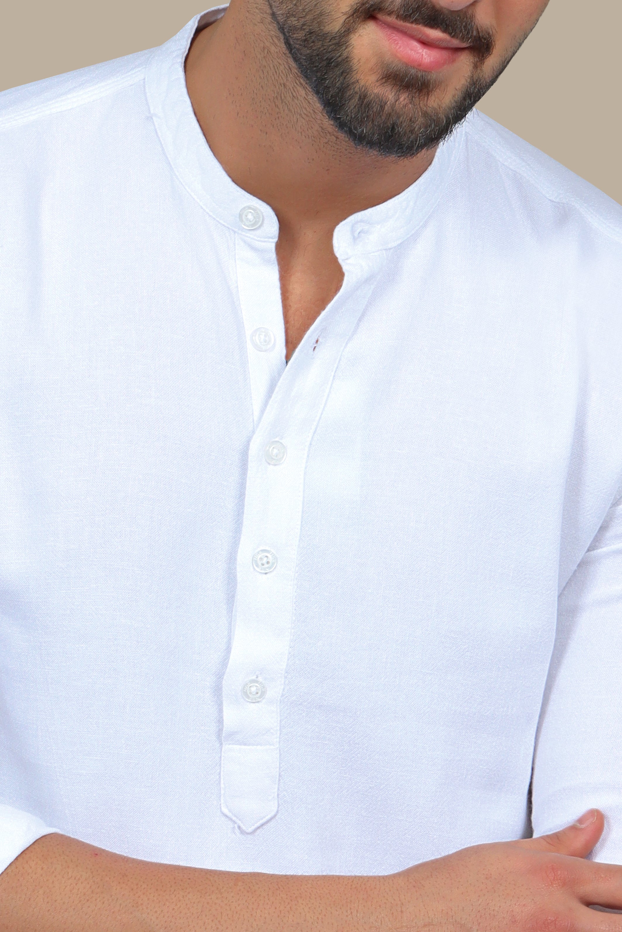 White Linen Shirt with Mandarin Collar