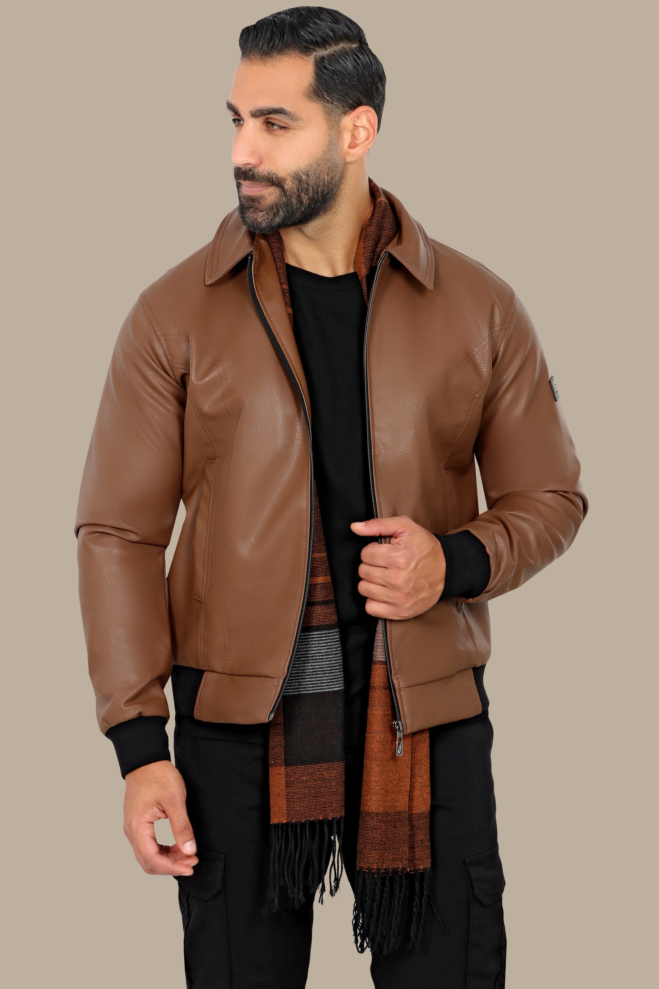 Timeless Charm: Brown Leather Jacket with Classic Collar & Zipper