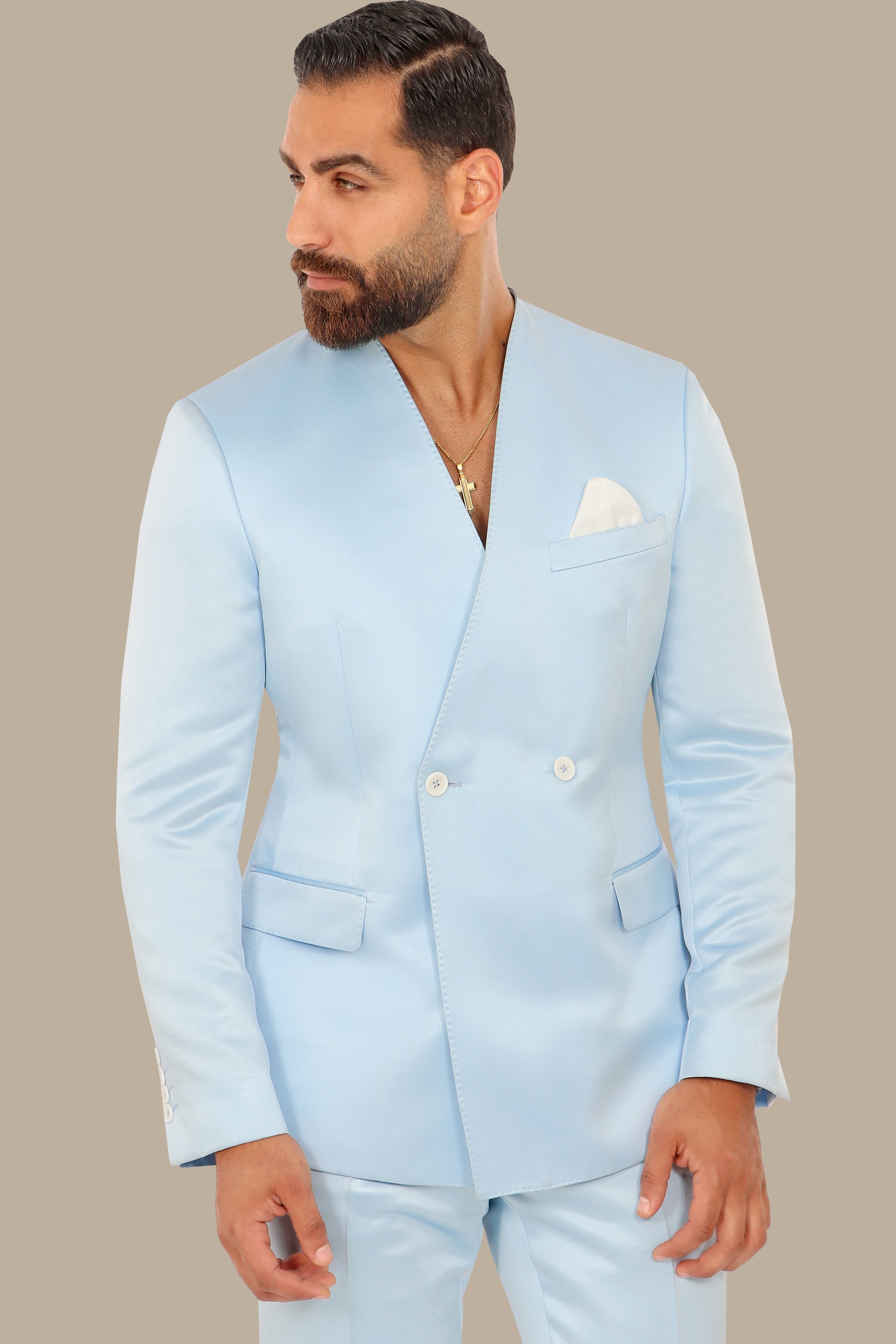 Azure Elegance: Light Blue Satin FV Suit Without Lapel