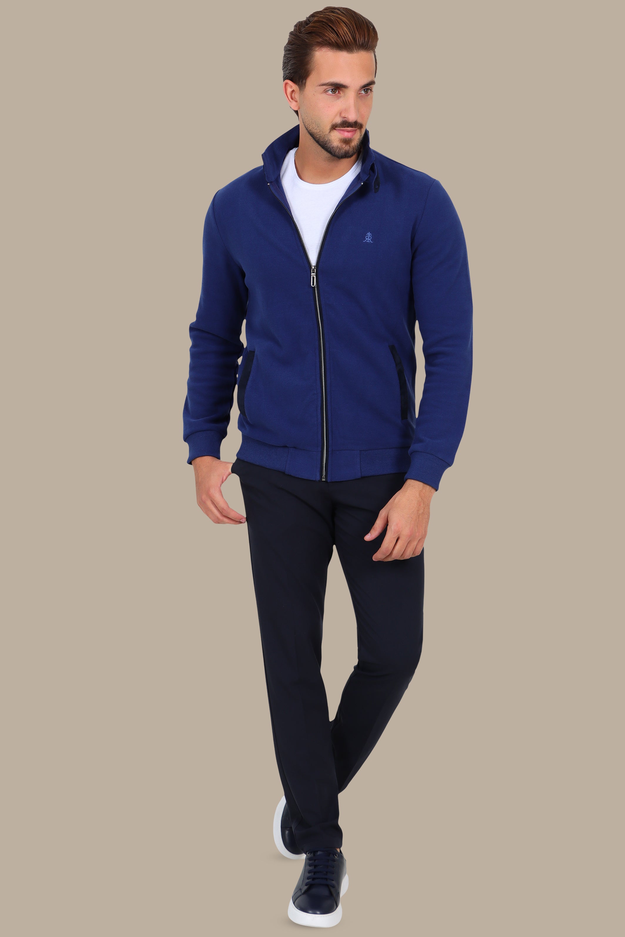 Blue Full-Zip Cardigan with Velvet Collar and Buttons