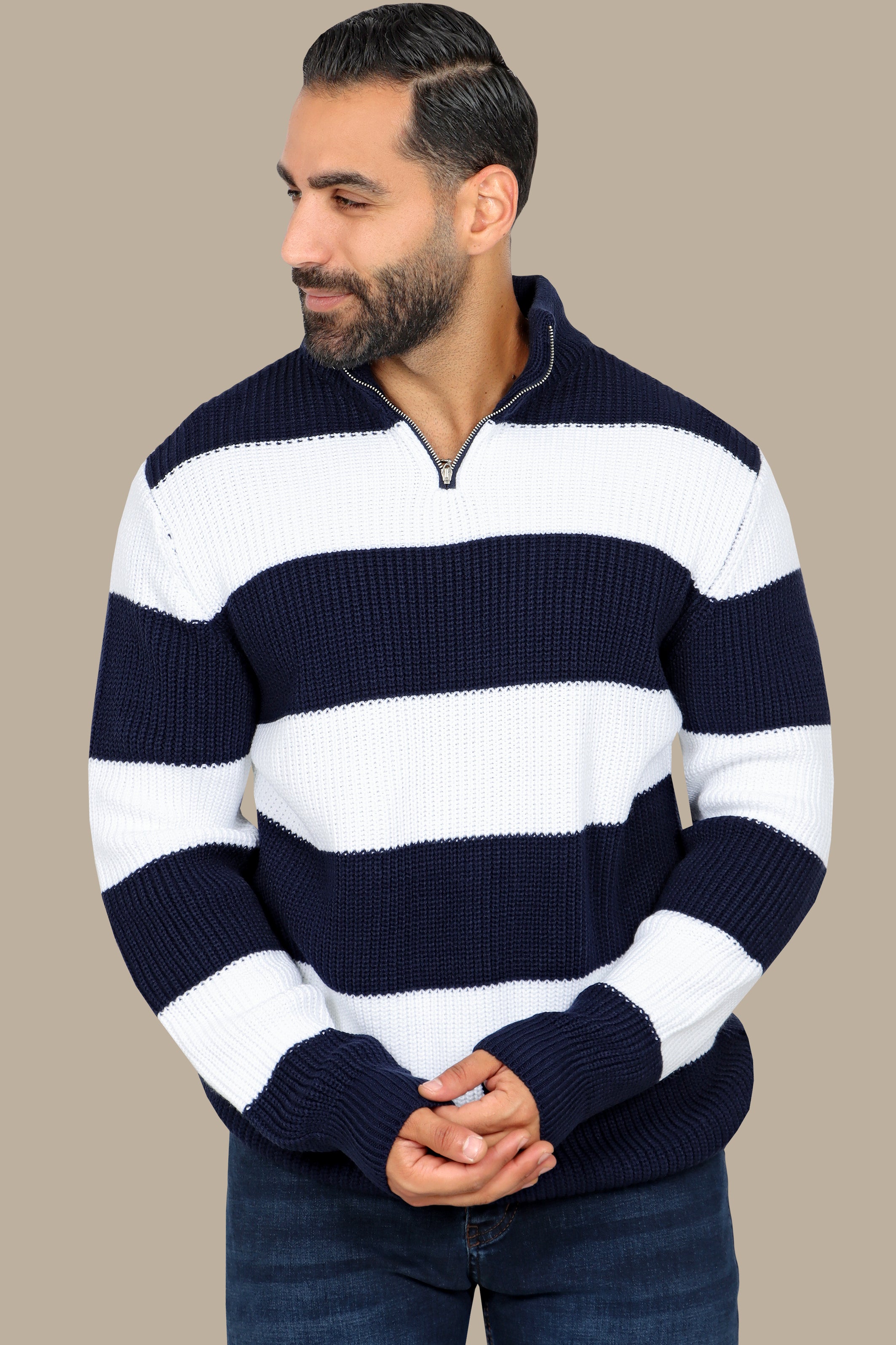 Contemporary Style: Navy Mercerized Half-Zipper Sweater with Wide Stripes