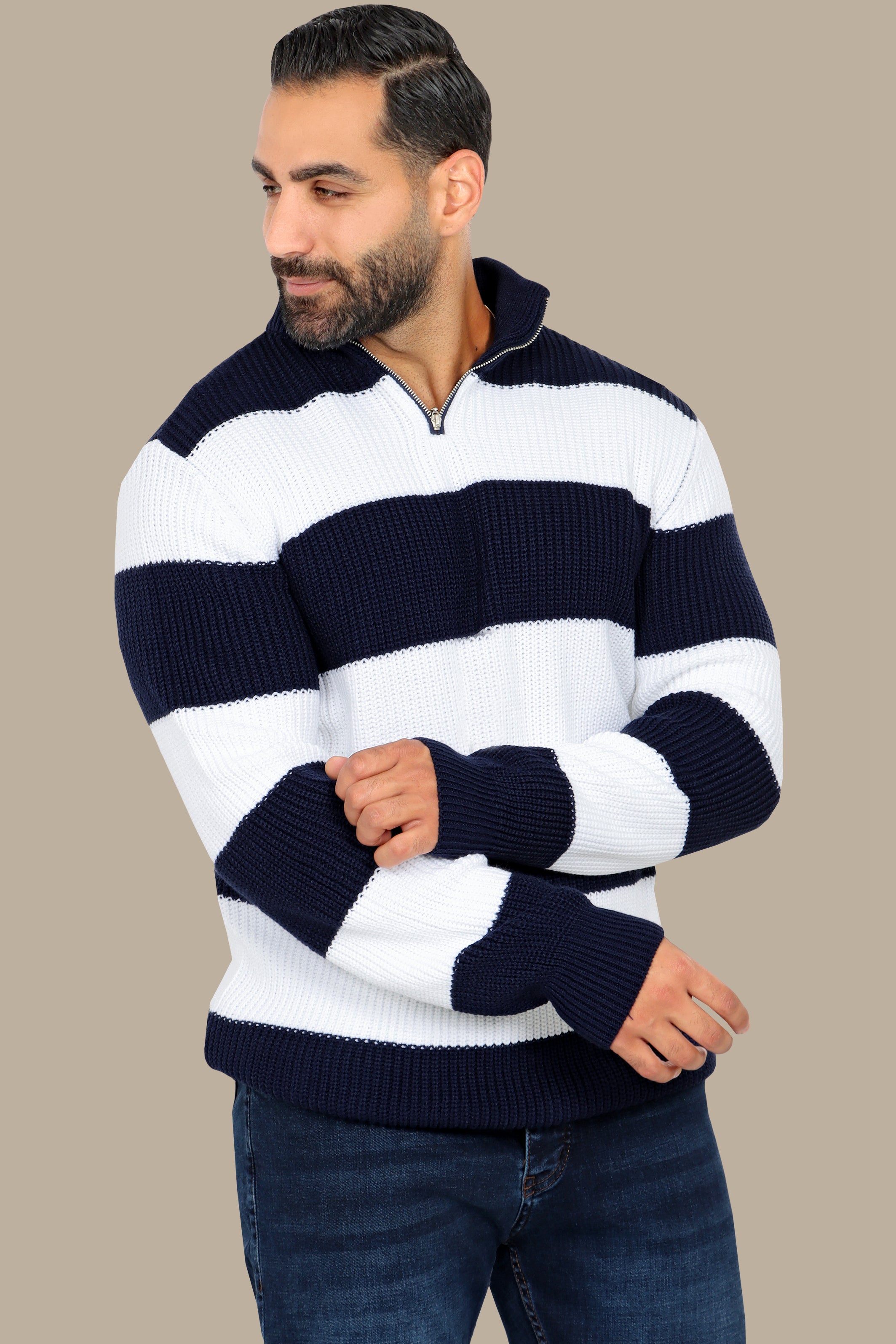 Contemporary Style: Navy Mercerized Half-Zipper Sweater with Wide Stripes