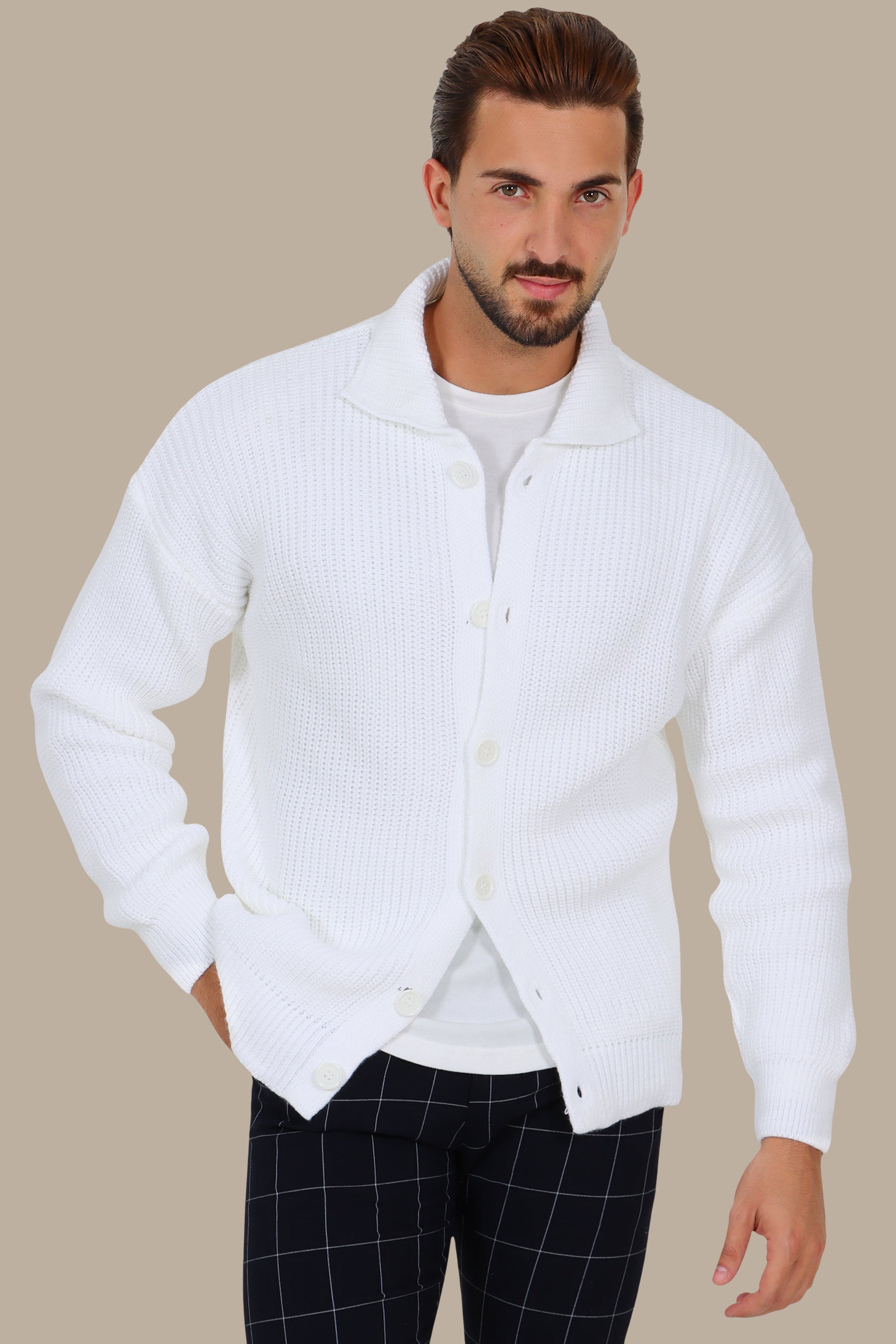 White Mercerized Cardigan with Full Buttons