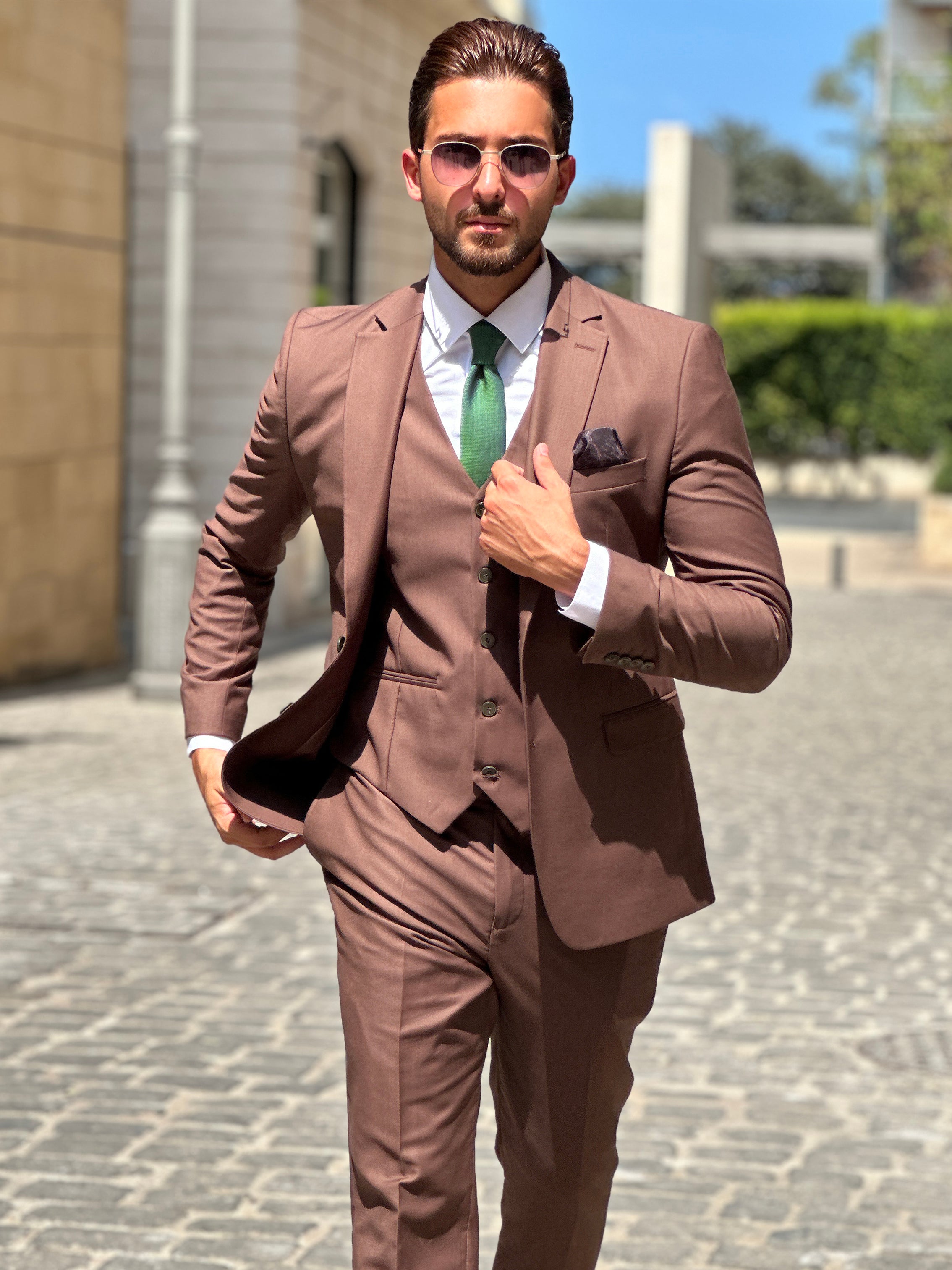 Brown Polyviscose 3-Piece Suit with Notch Lapel