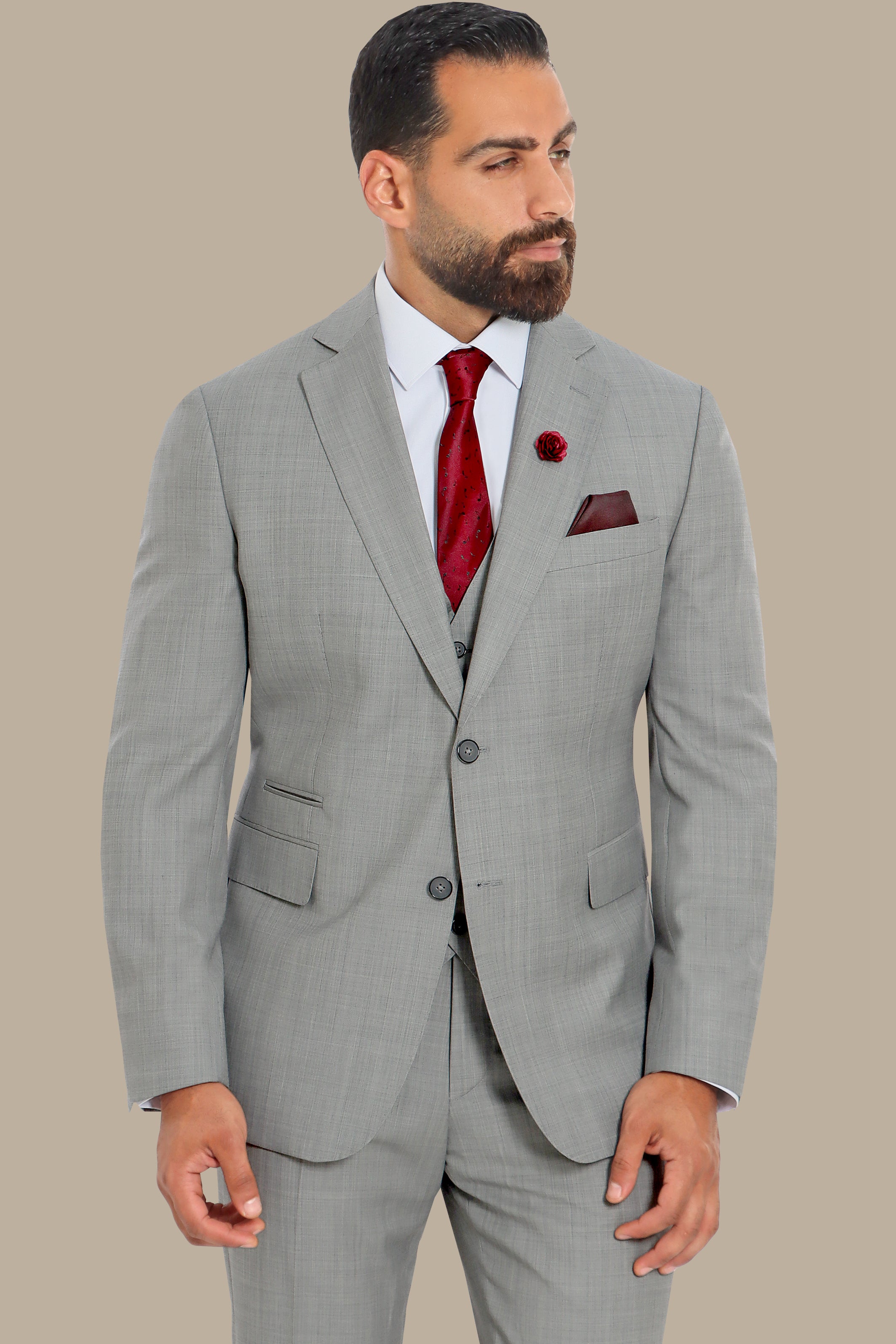 Effortless Chic: Wool Notch Fila Fil 3-Piece Suit in Light Grey