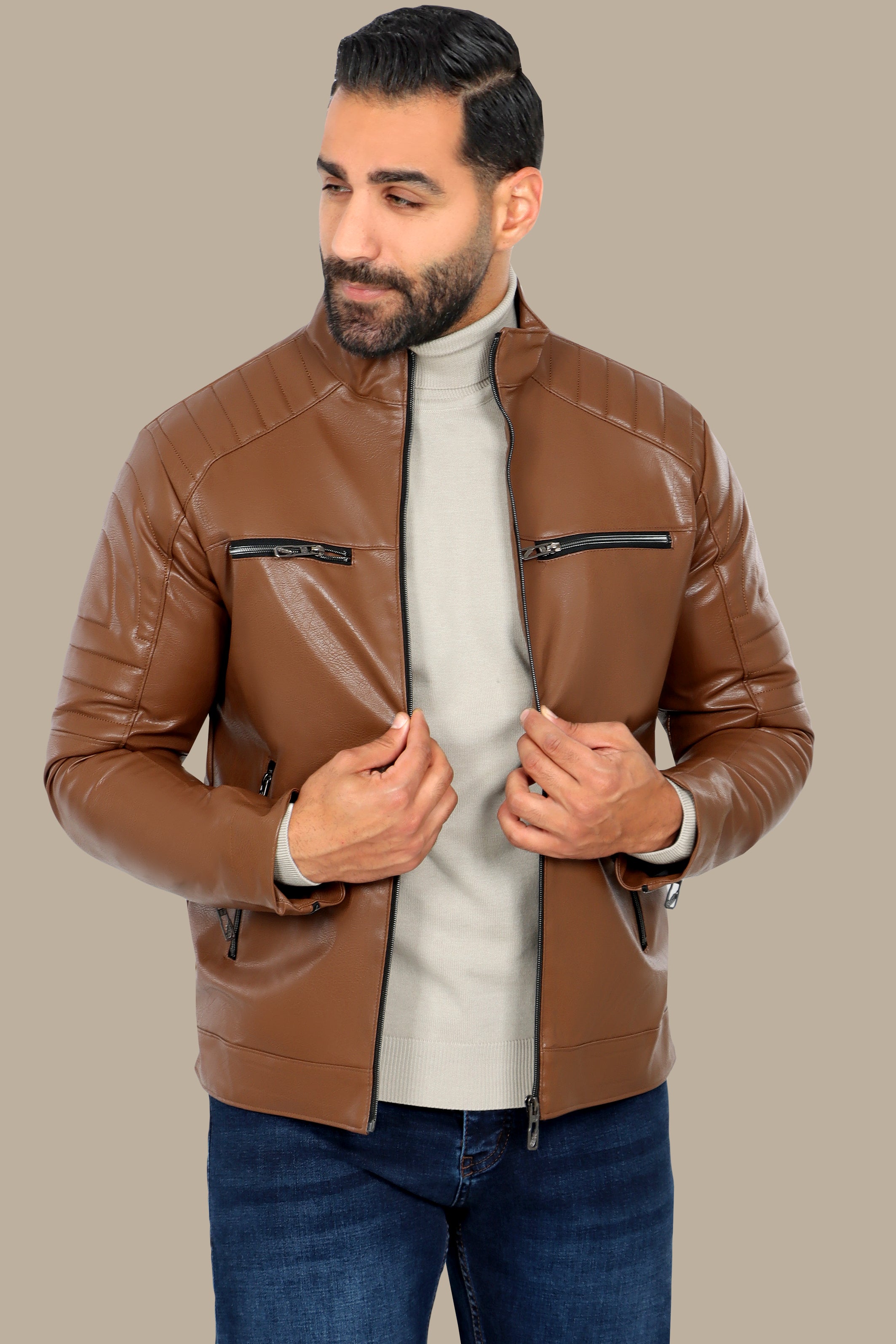 Havane Faux Biker Jacket with 4 Zippers