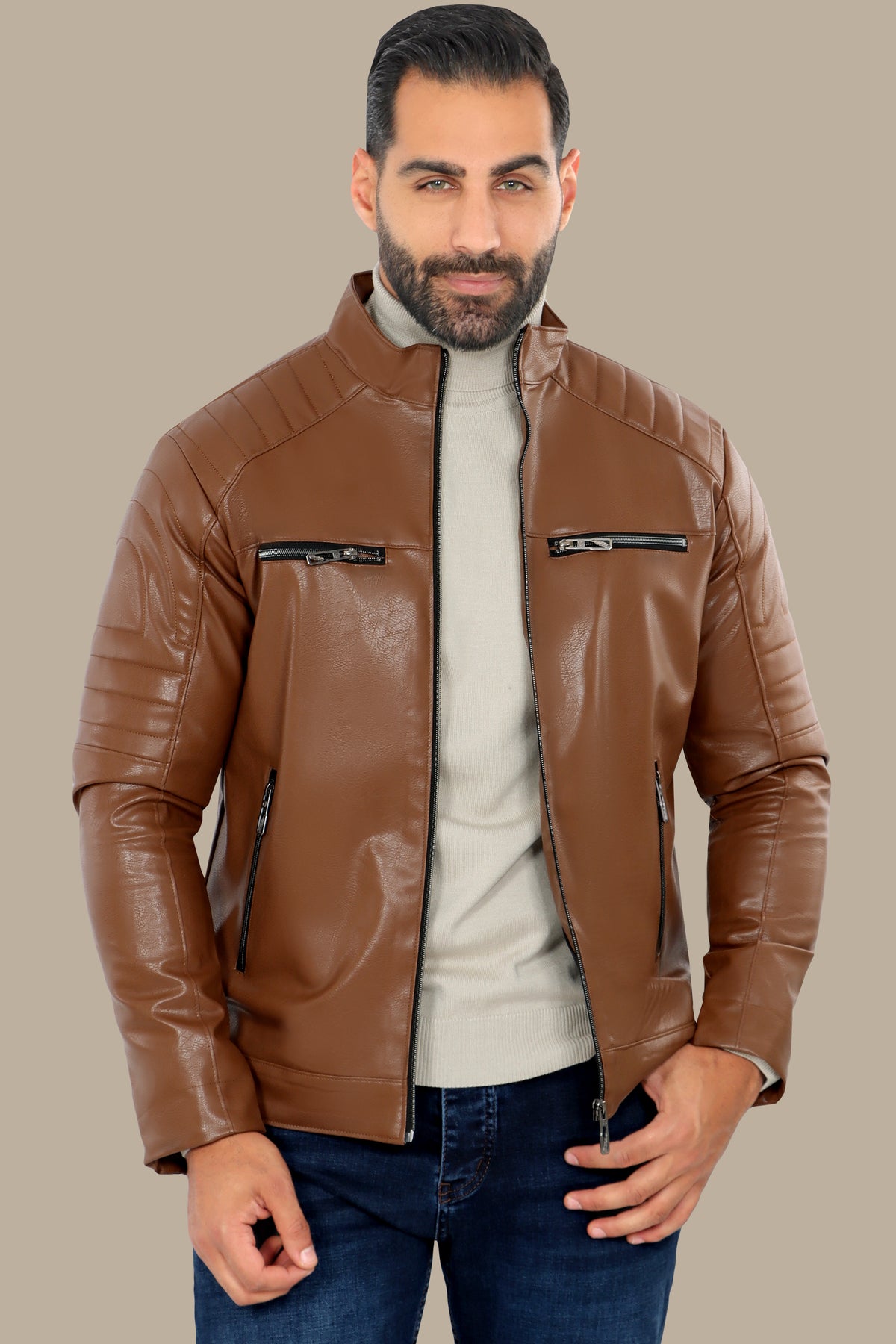 Faux Leather Biker Jacket – Round Stitch 4-Zipper
