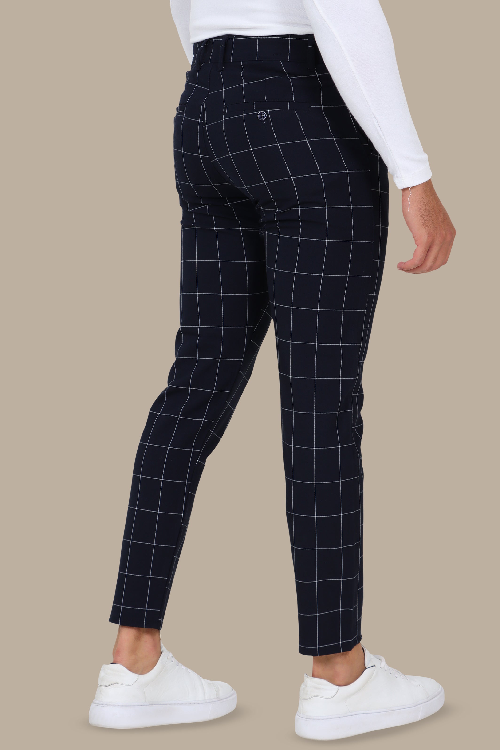 Navy Slim Fit Checked Fashion Trousers
