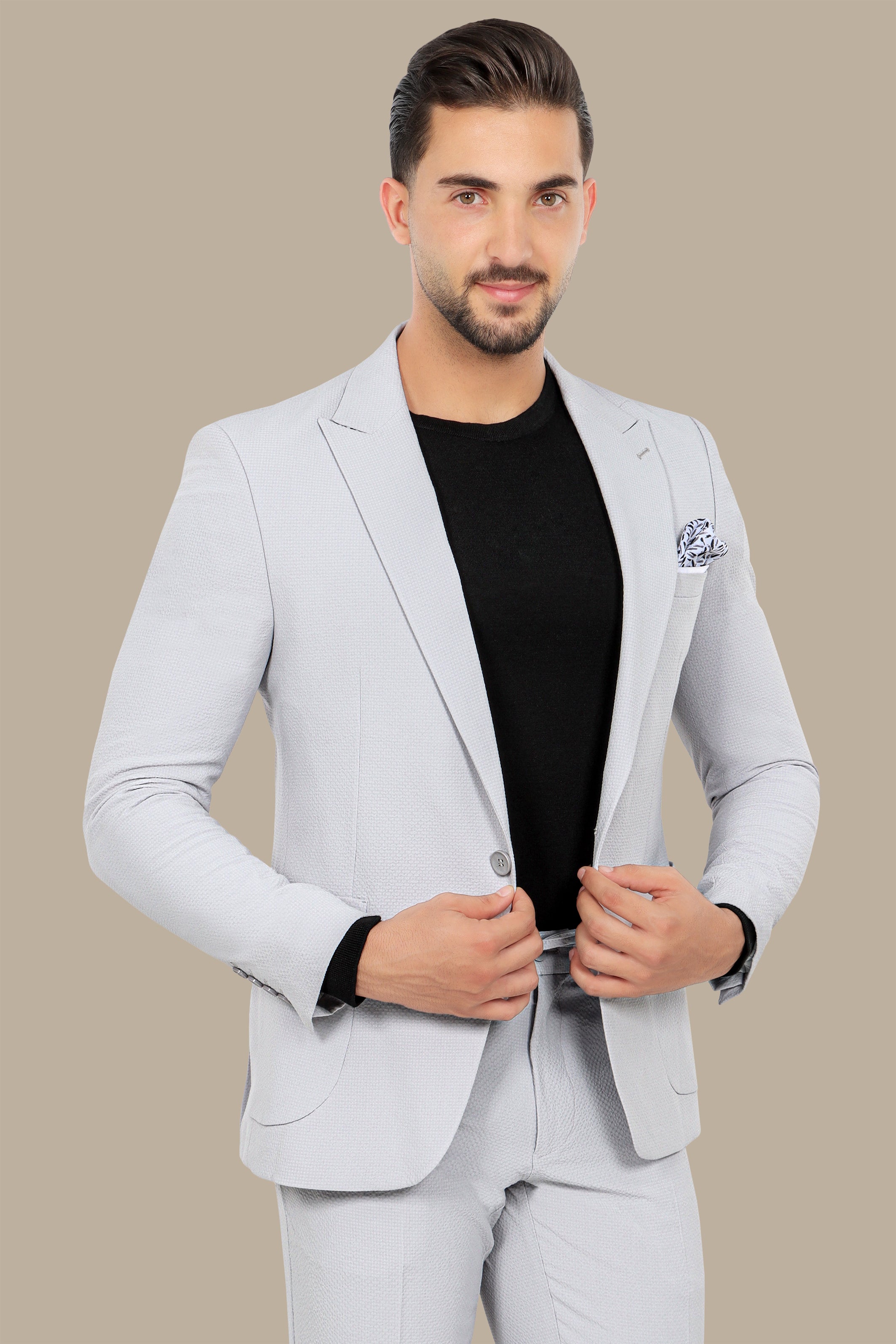 Light Grey Travel Suit: Structured with Peak Lapel