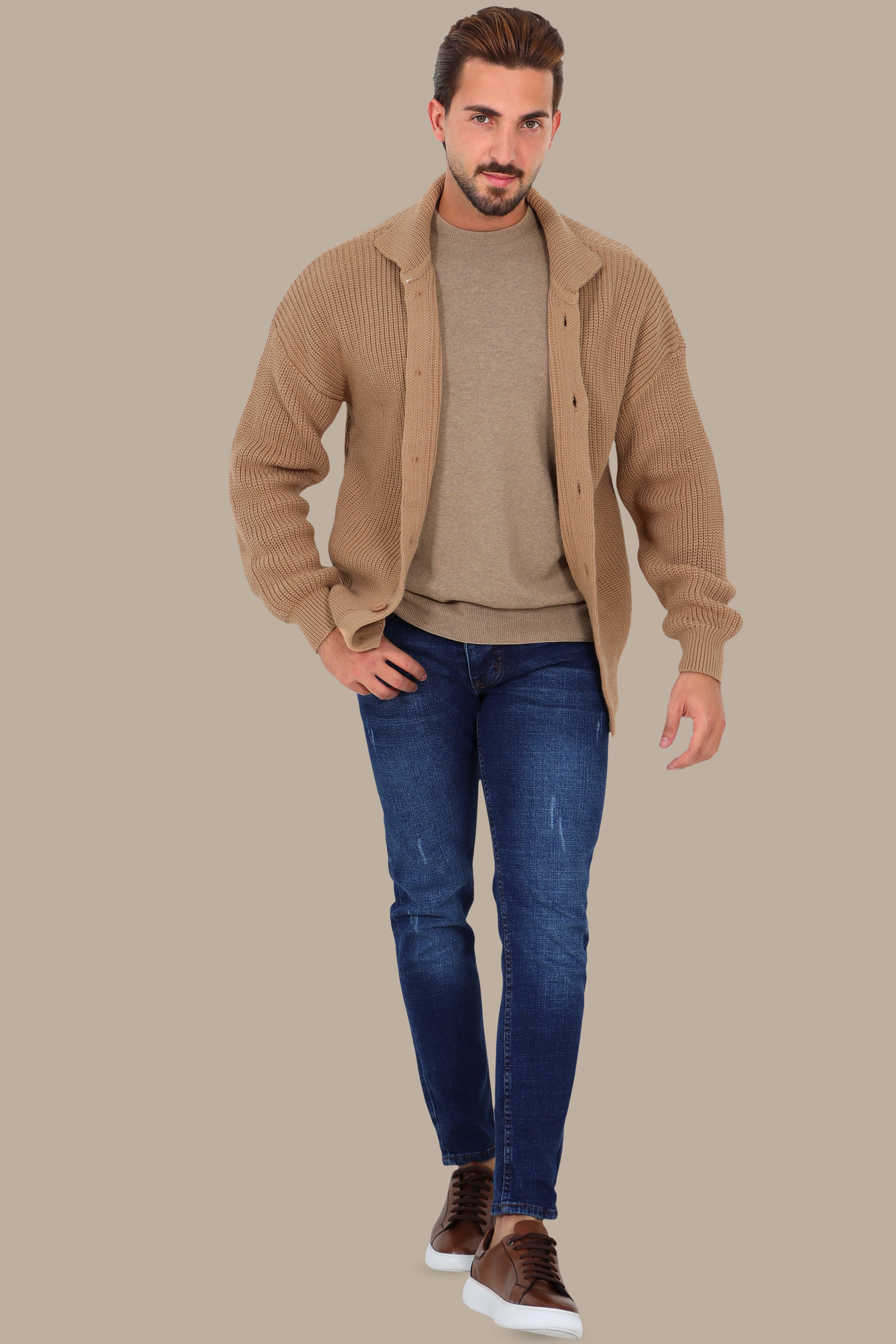 Beige Mercerized Full-Button Cardigan