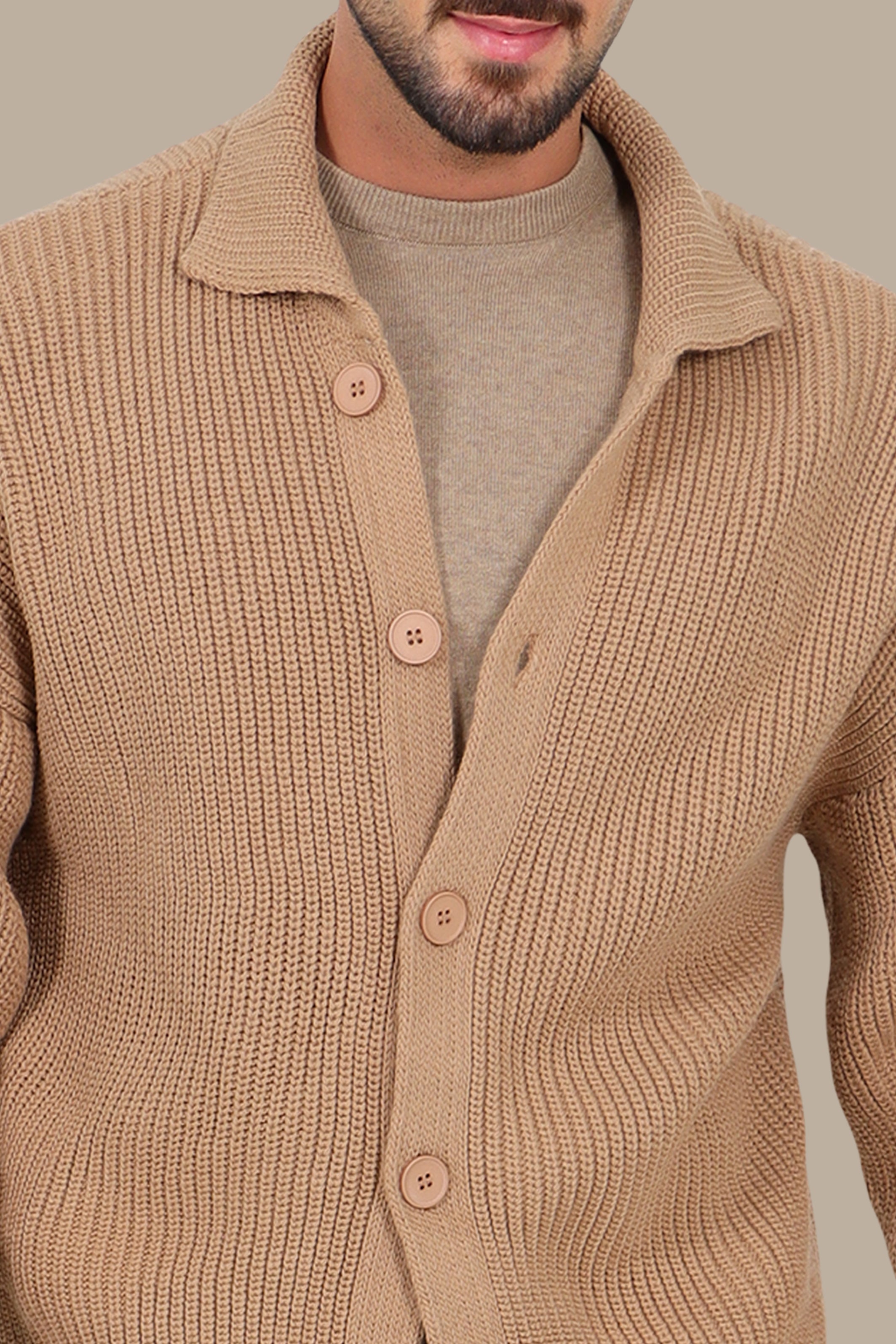 Beige Mercerized Full-Button Cardigan
