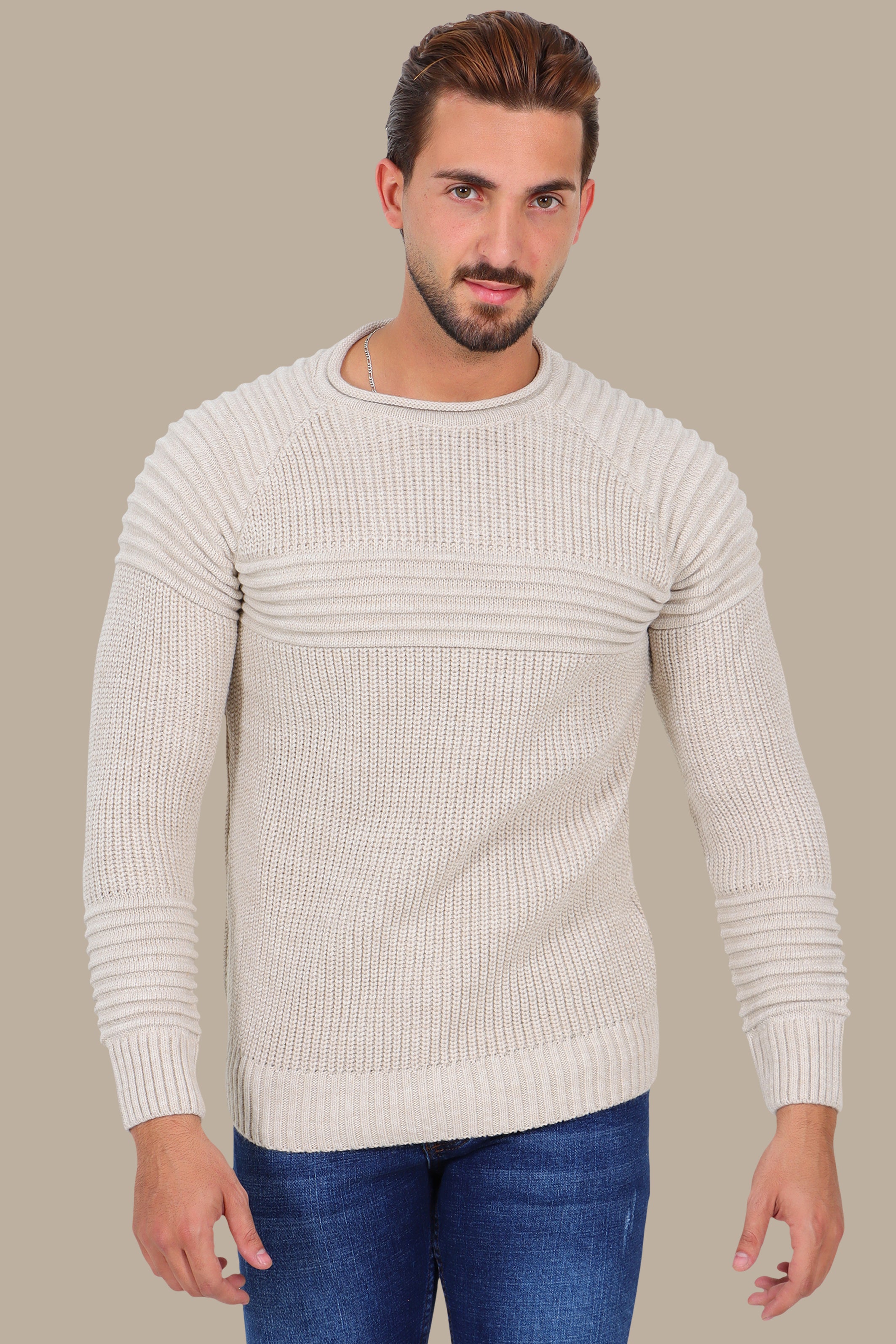 Beige Mercerized Medium-Line Ribbed Sweater