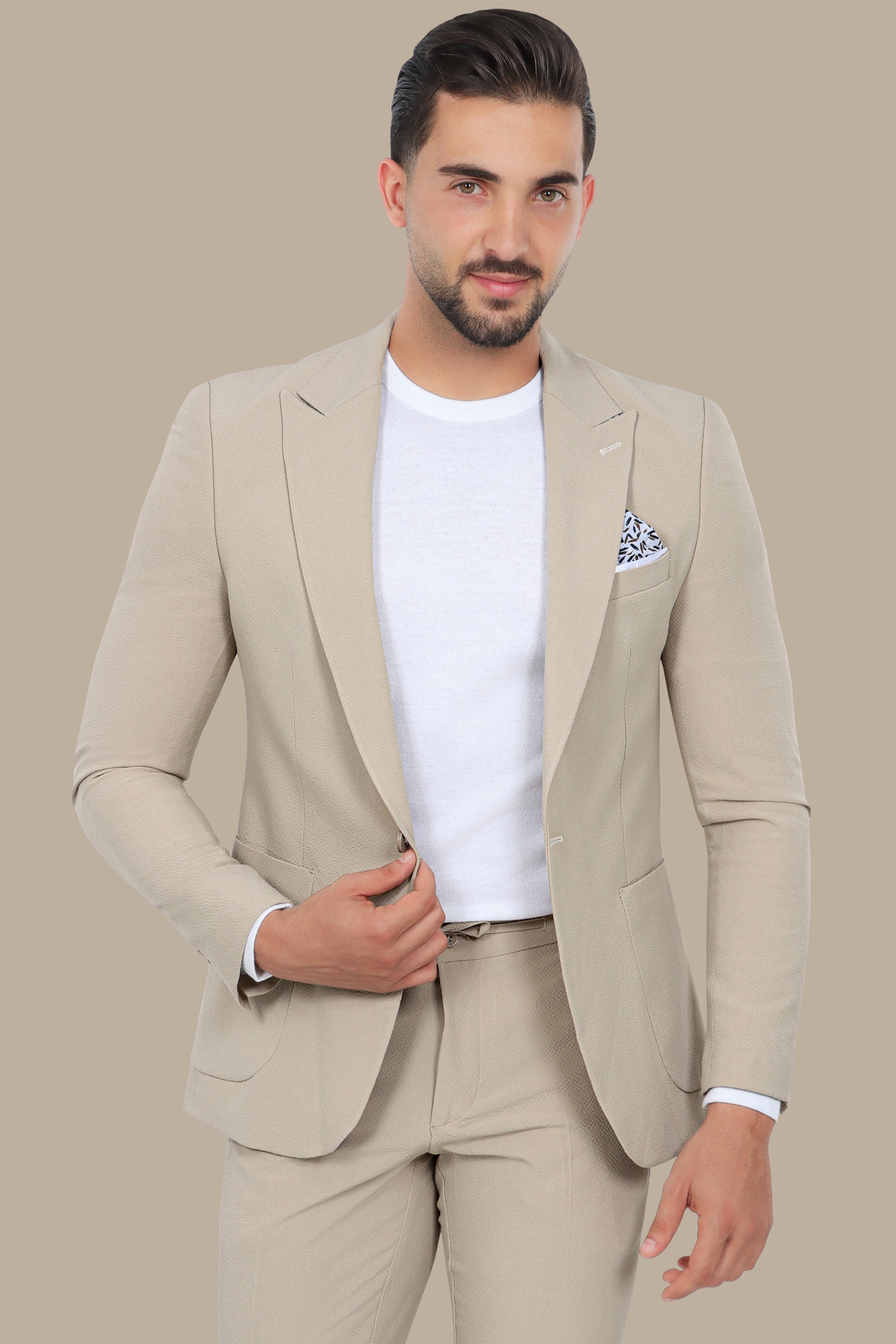 Beige Travel Suit: Structured with Peak Lapel