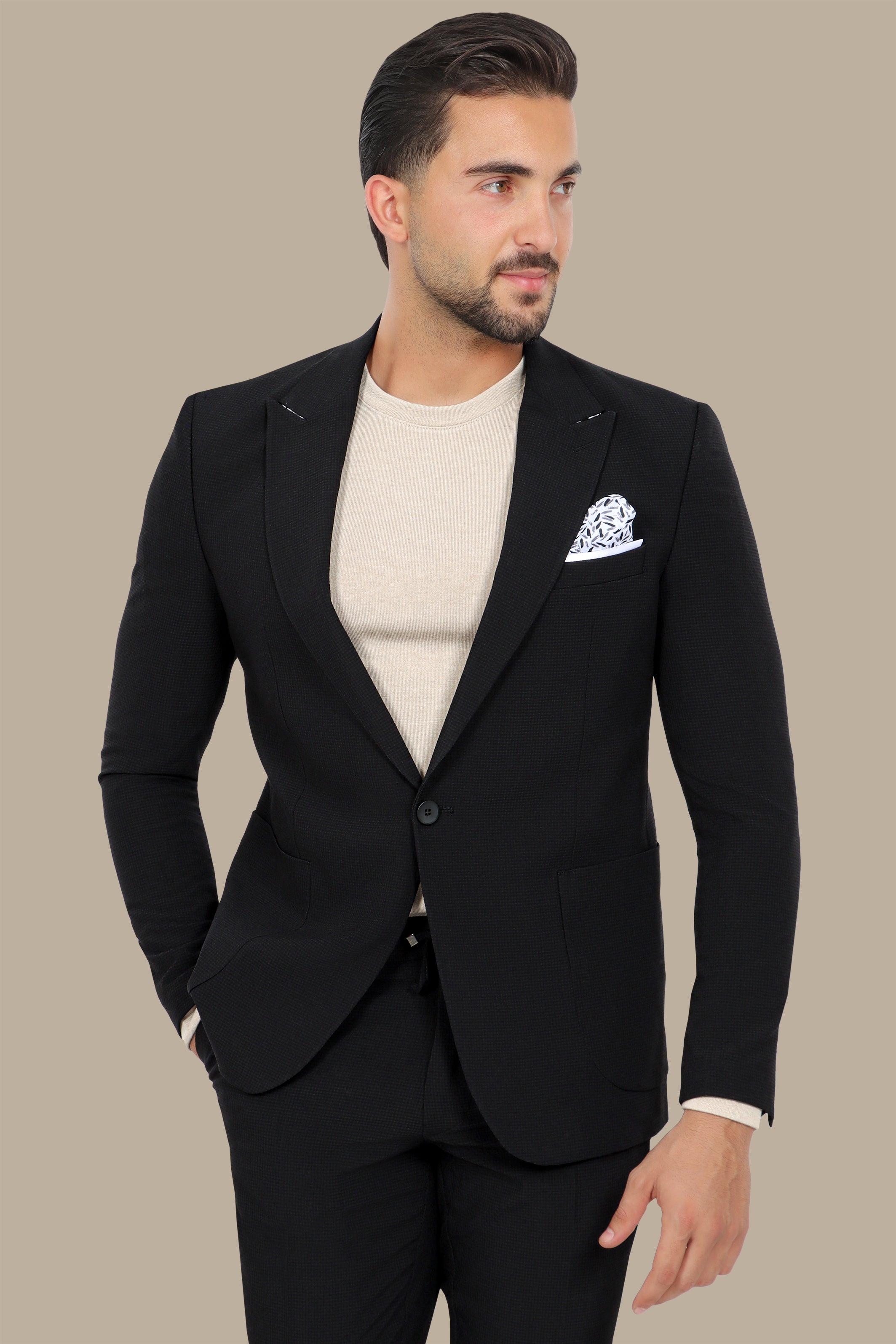 Black Travel Suit: Structured with Peak Lapel