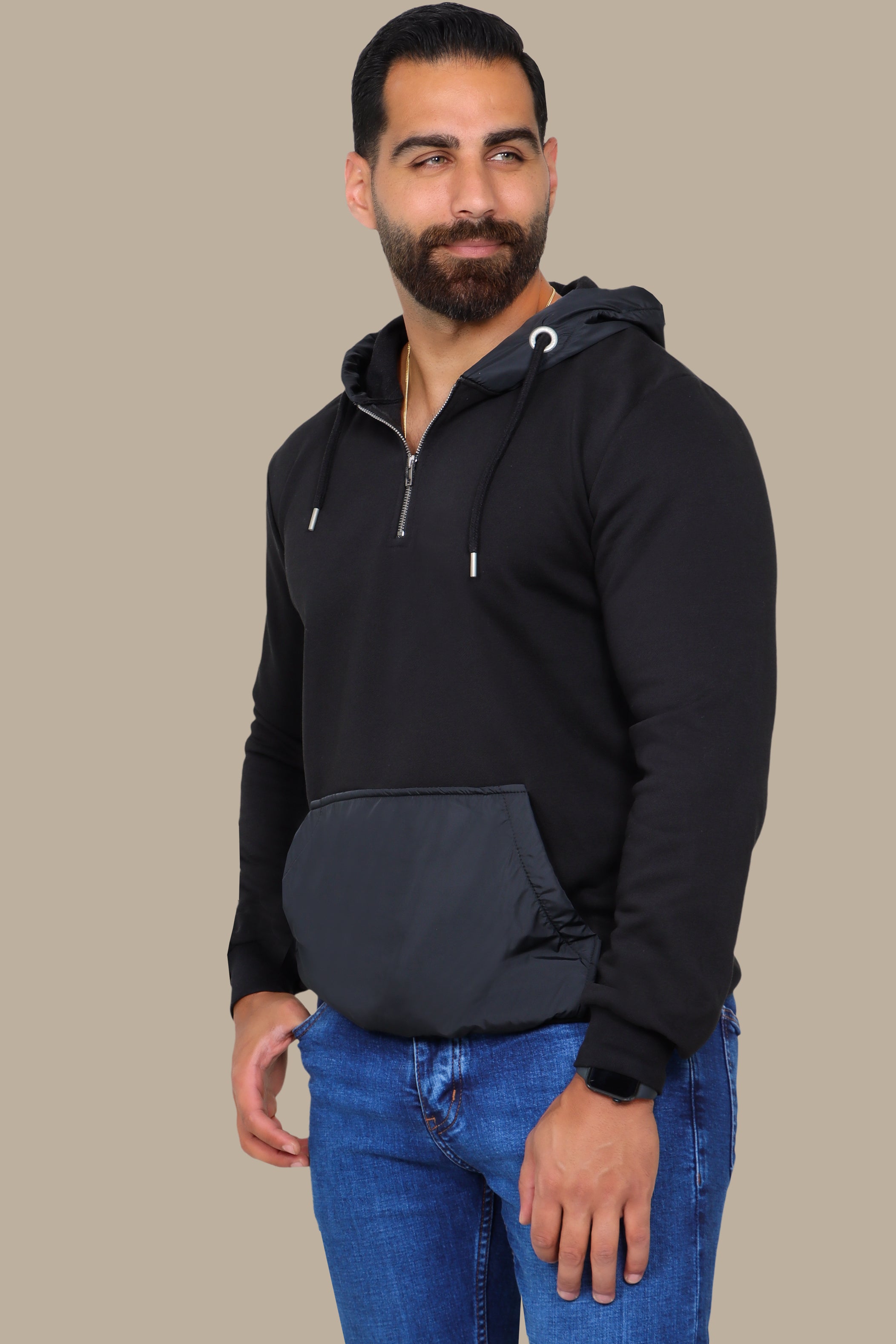 Midnight Elegance: The Black Mix Fabric Hooded Sweatshirt