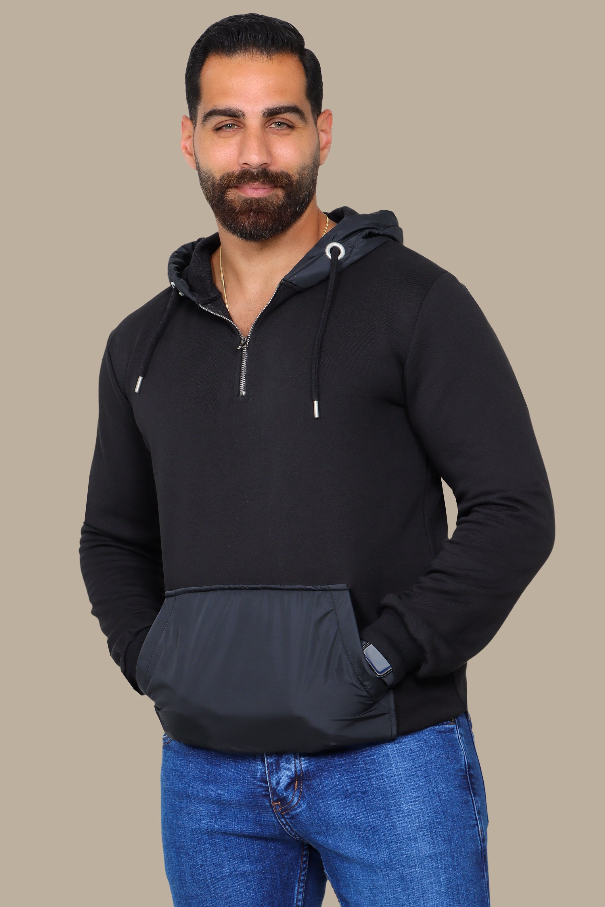 Midnight Elegance: The Black Mix Fabric Hooded Sweatshirt