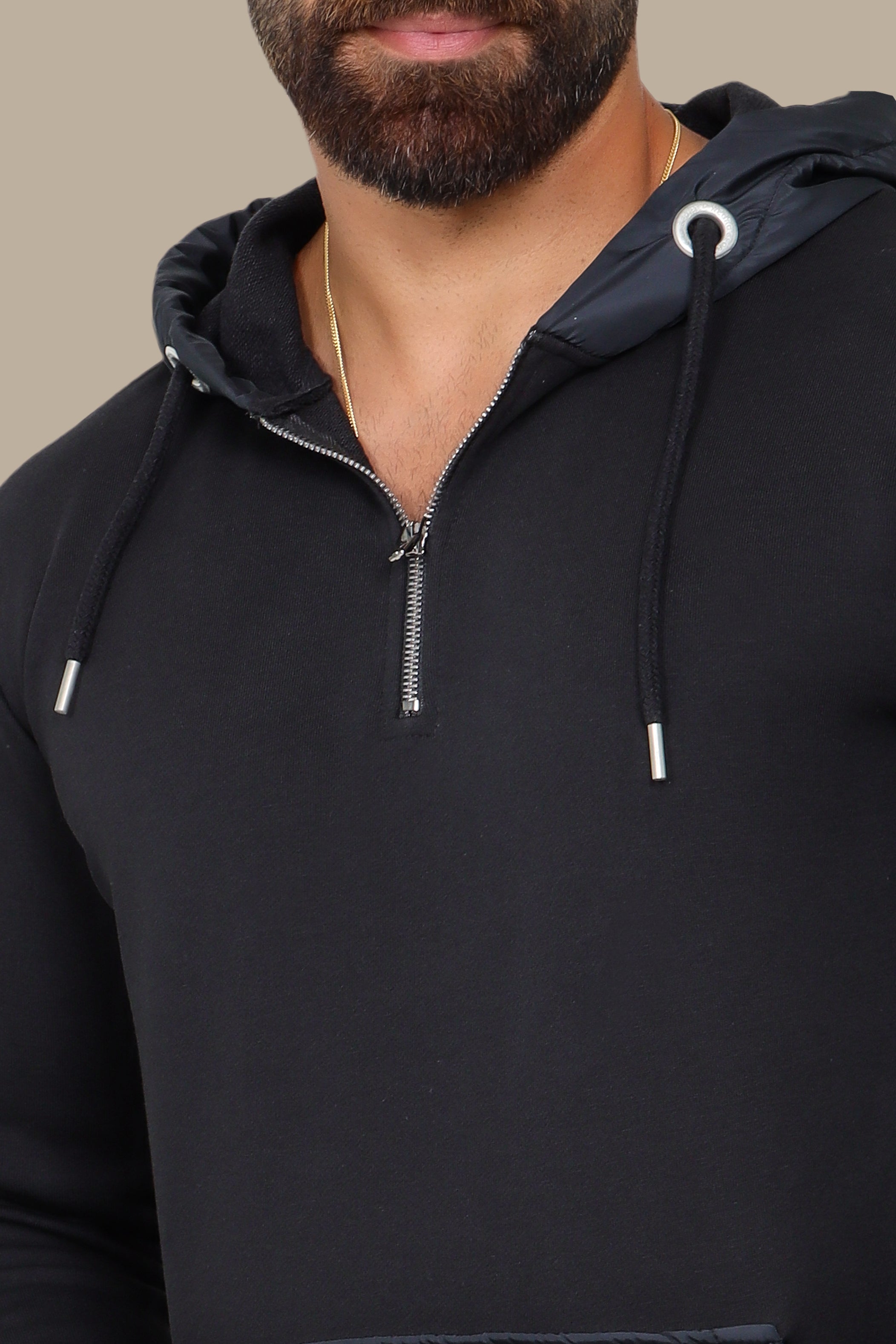 Midnight Elegance: The Black Mix Fabric Hooded Sweatshirt