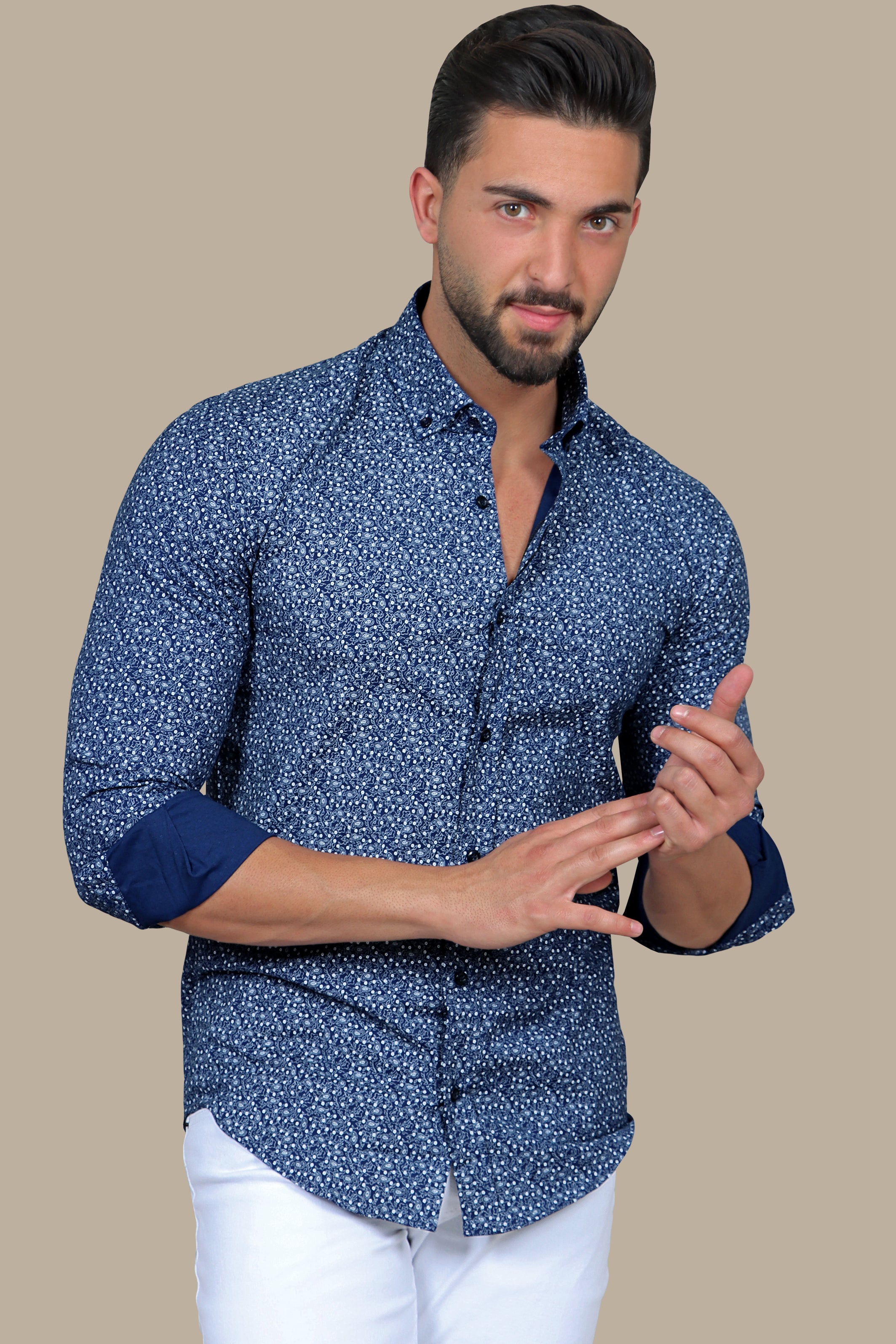 Navy Shirt with White Paisley Print Lycra