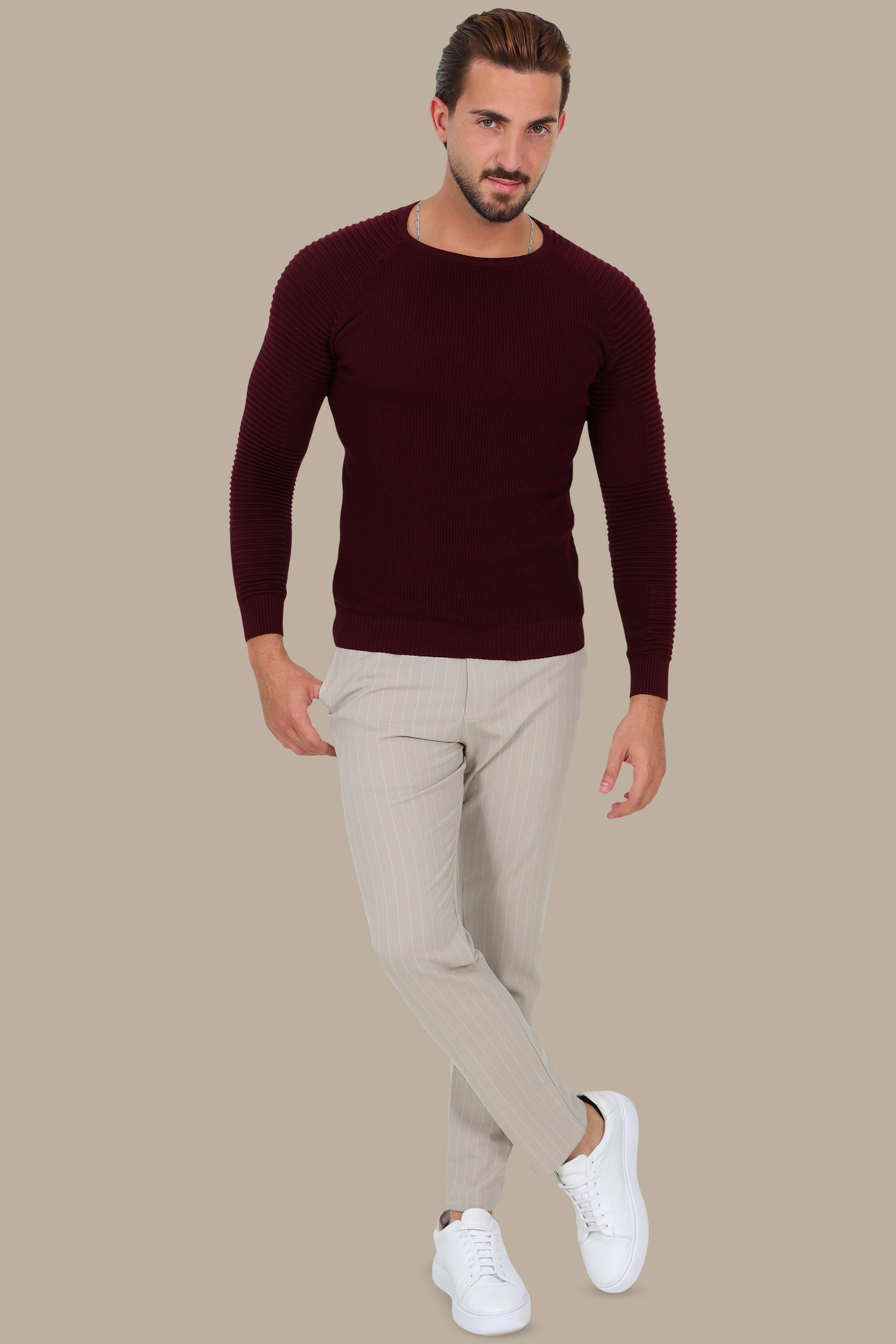 Burgundy Mercerized Sweater with Ribbed Shoulders