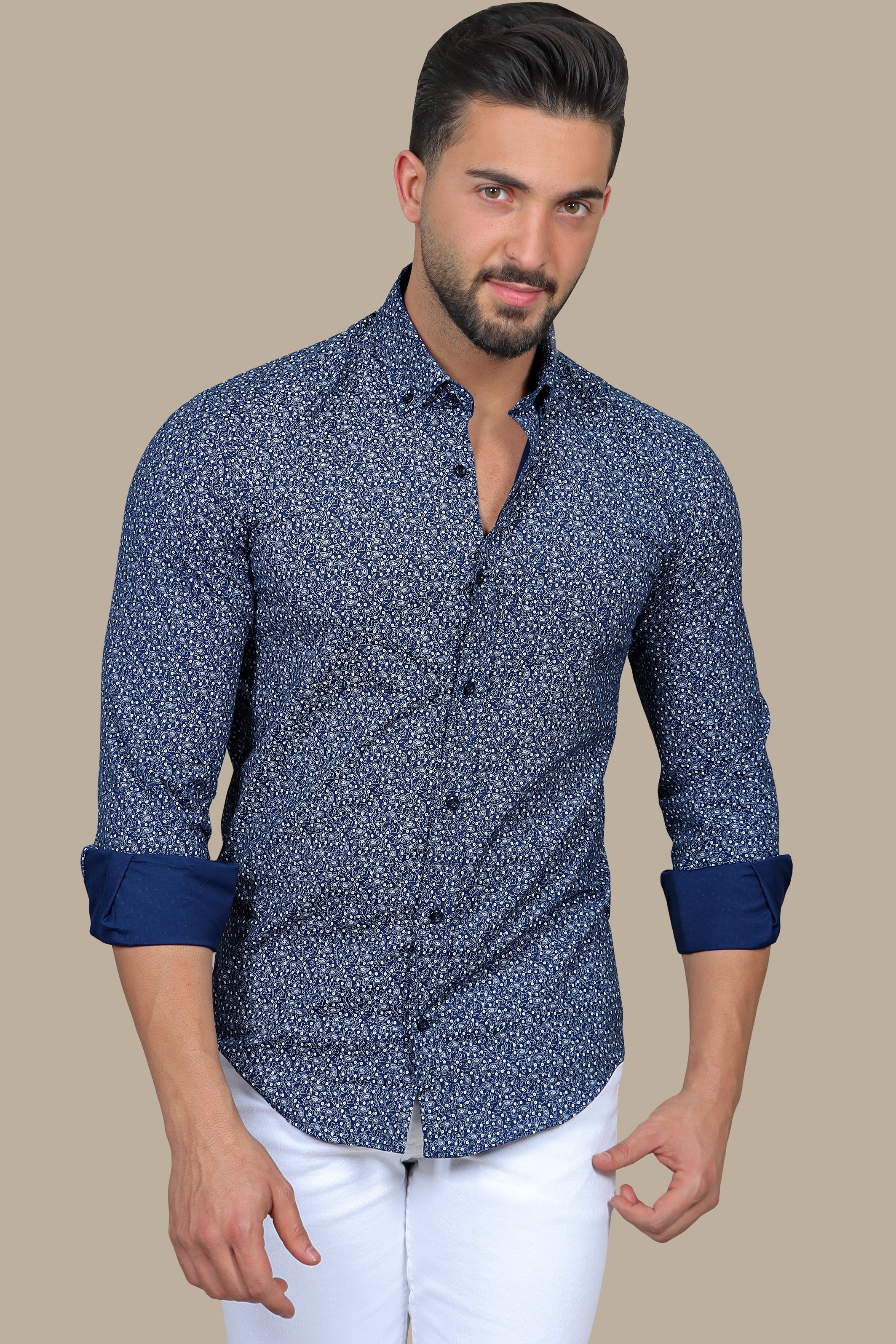 Navy Shirt with White Paisley Print Lycra