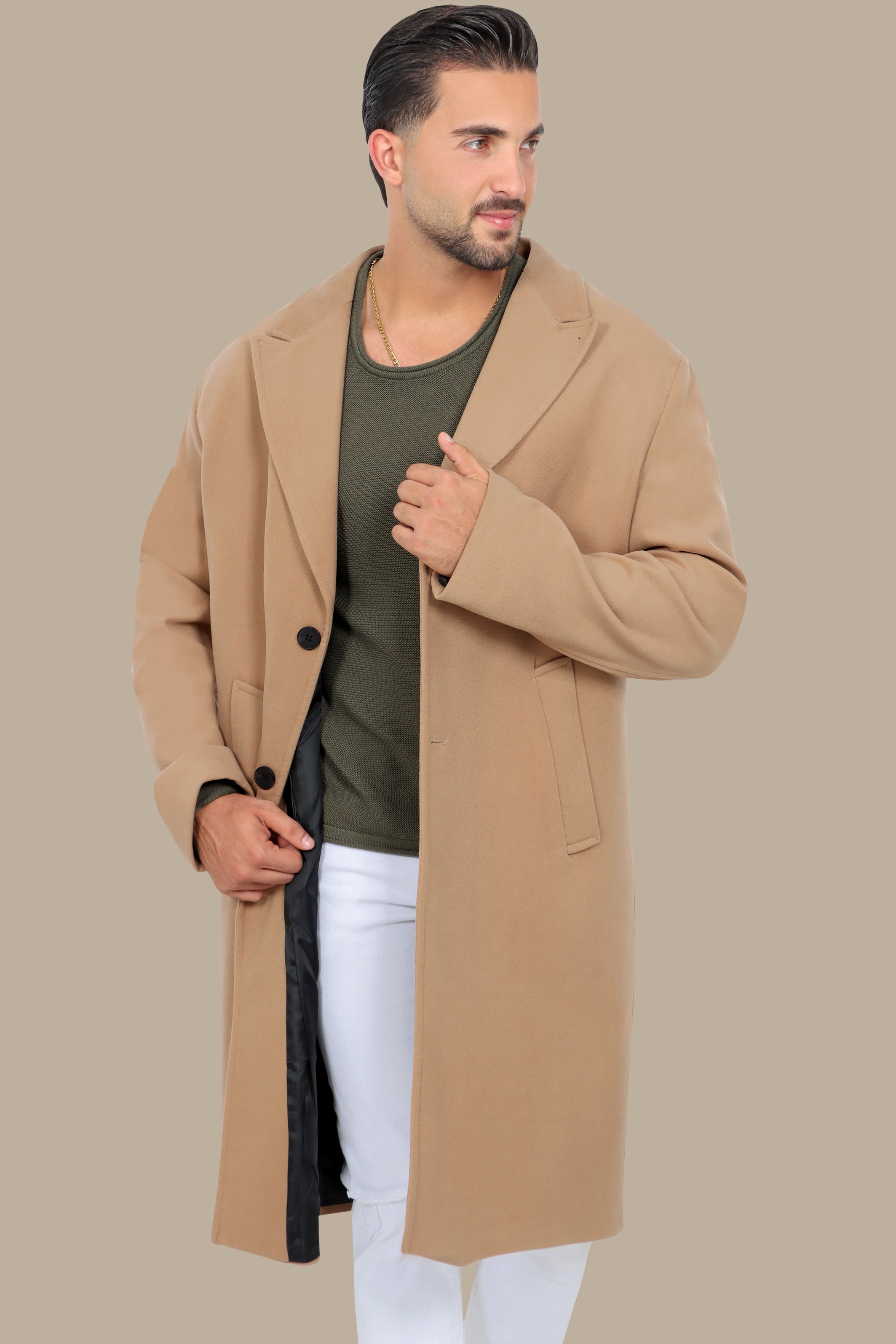 Oversized Beige Coat with Peak Lapels &nbsp;