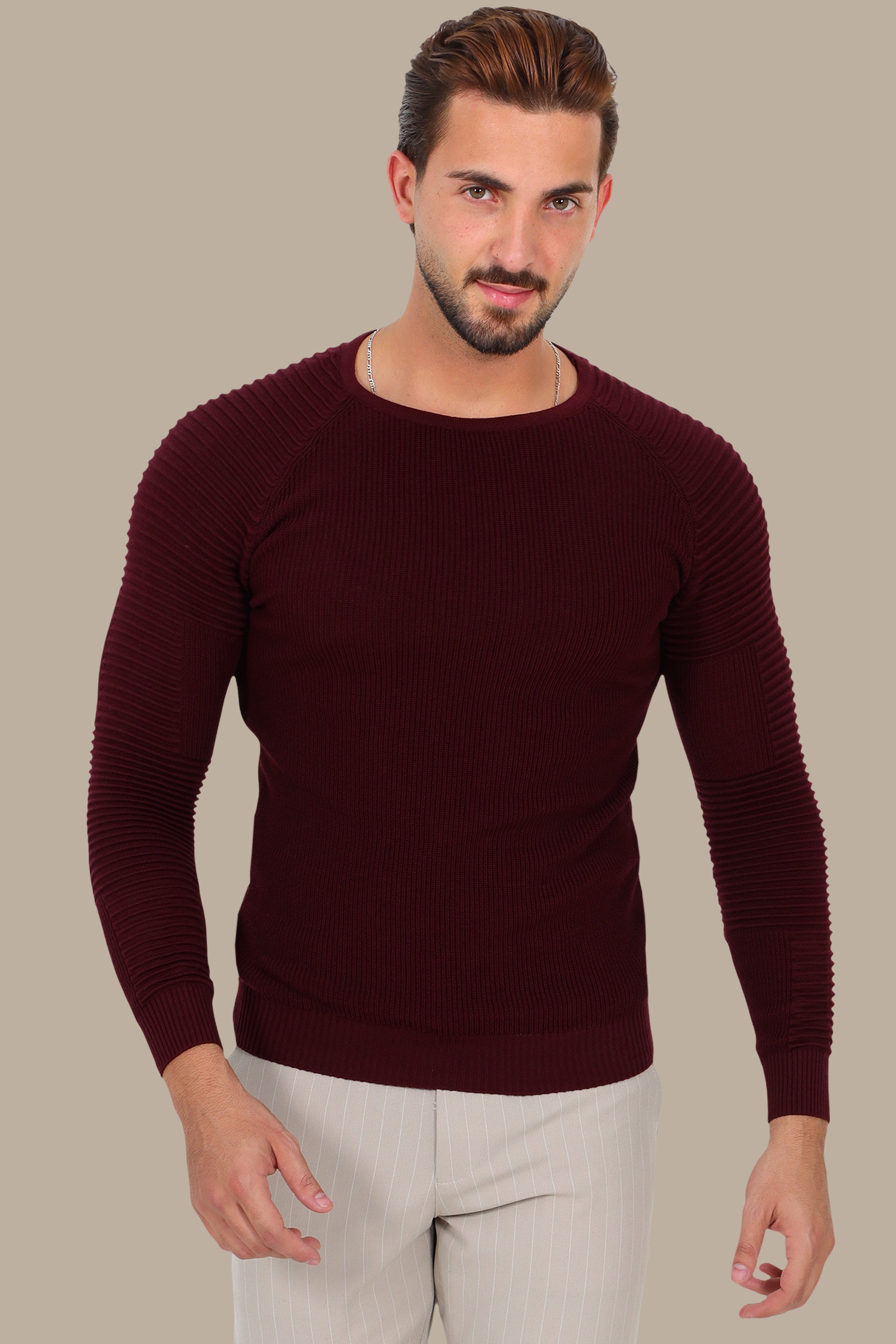 Burgundy Mercerized Sweater with Ribbed Shoulders