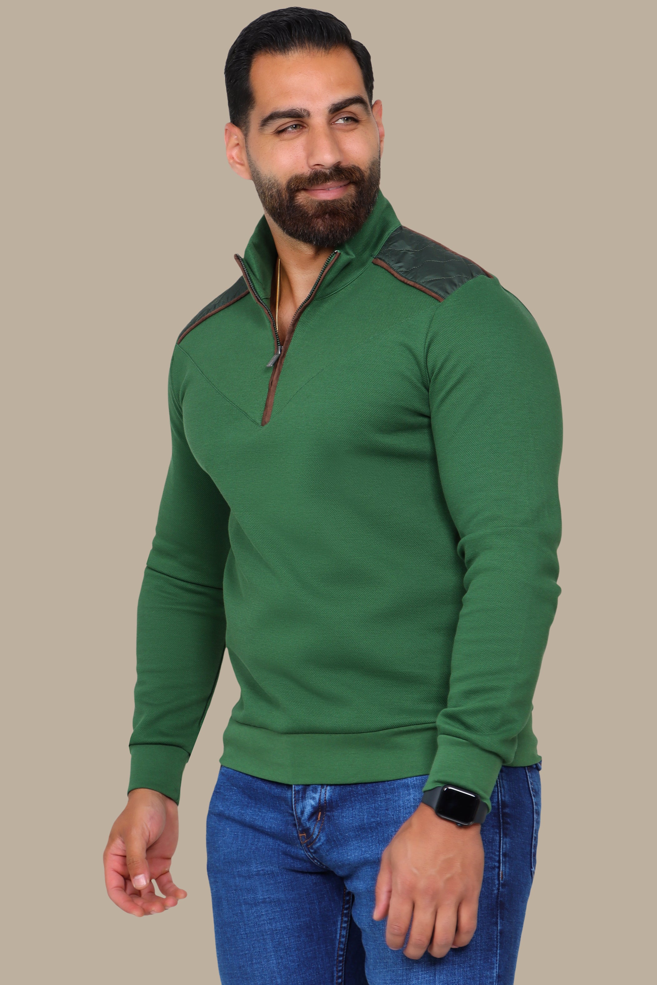 Green Half-Zip Sweater with V-Cut and Shoulder Detail