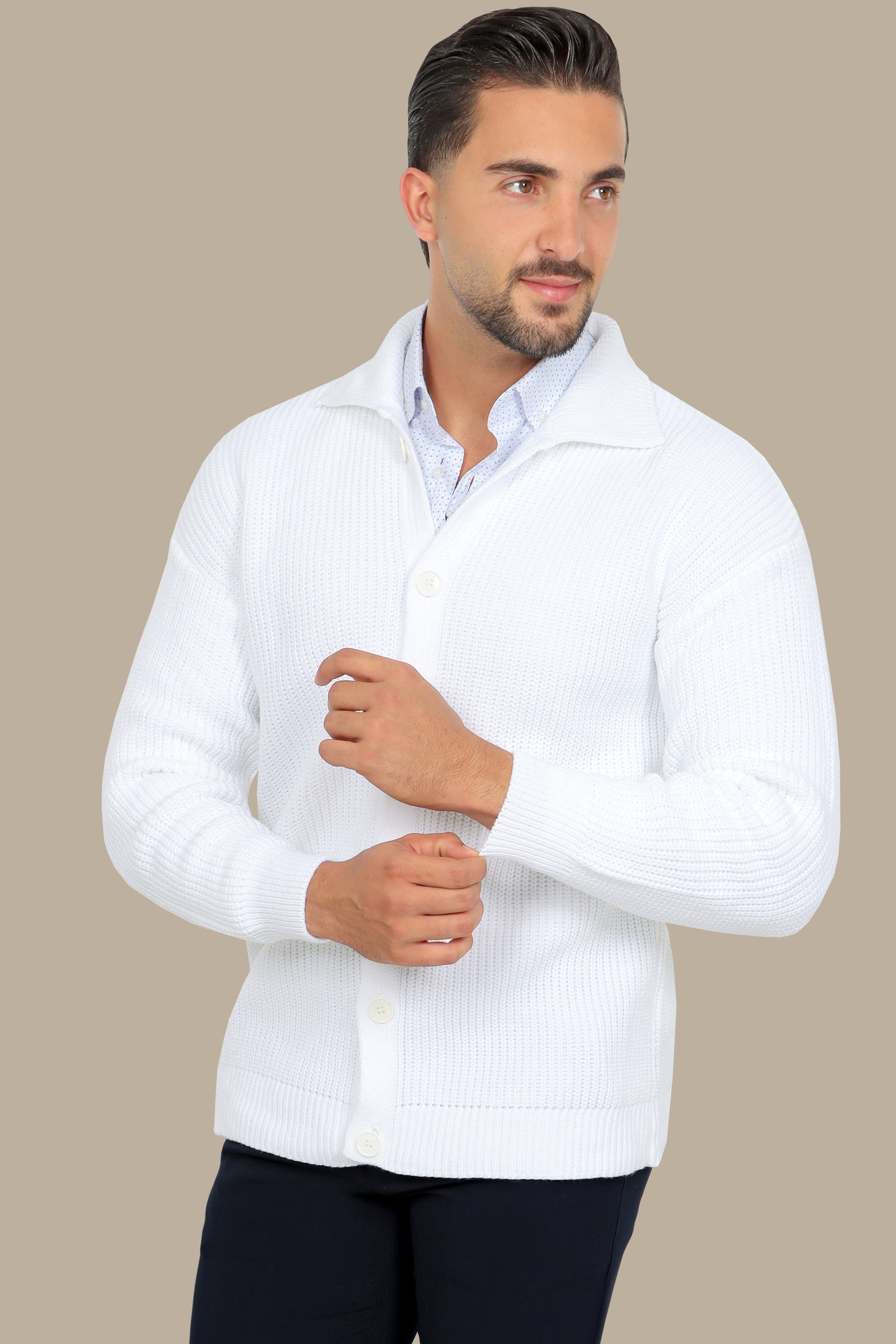 White Mercerized Cardigan with Full Buttons