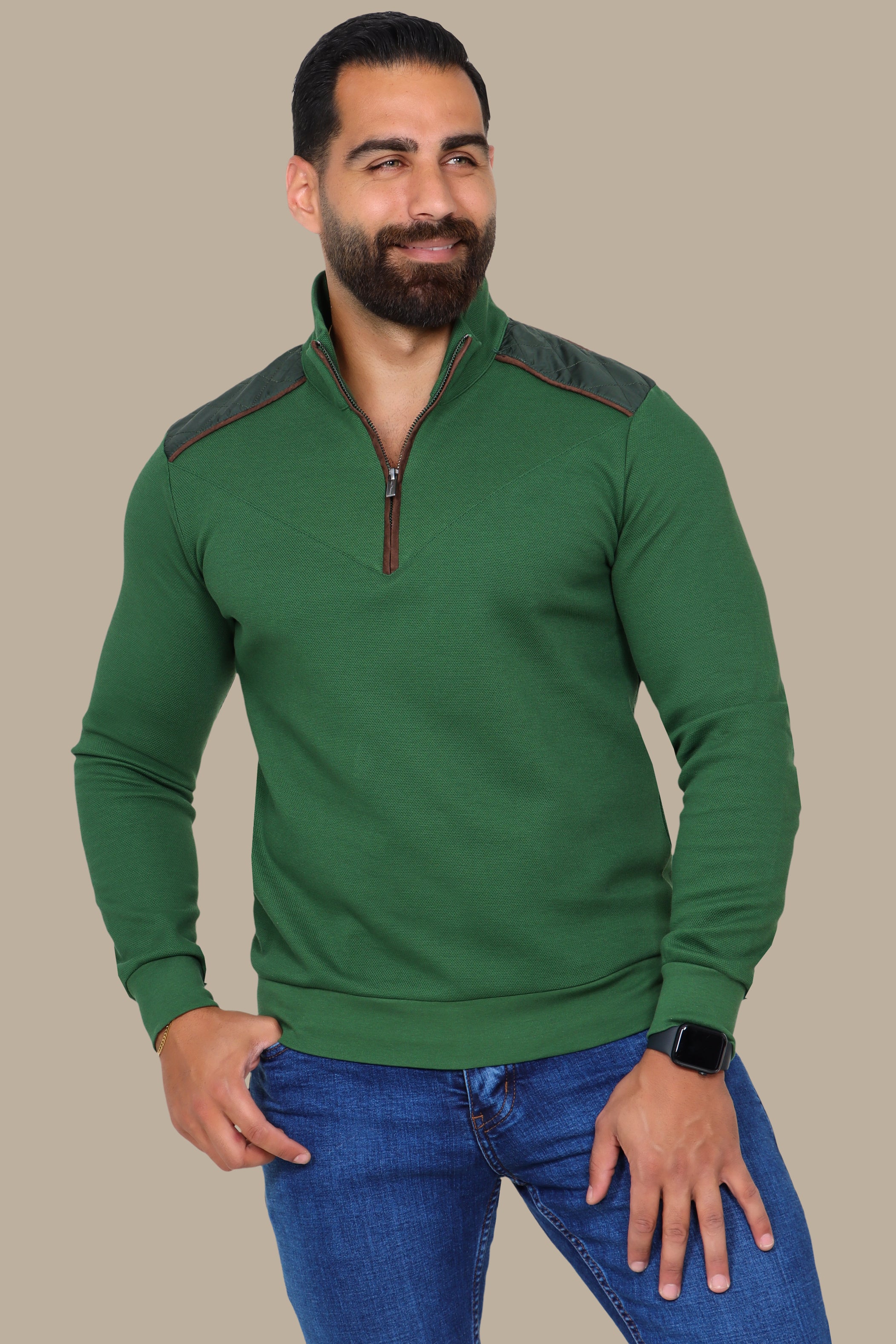 Green Half-Zip Sweater with V-Cut and Shoulder Detail