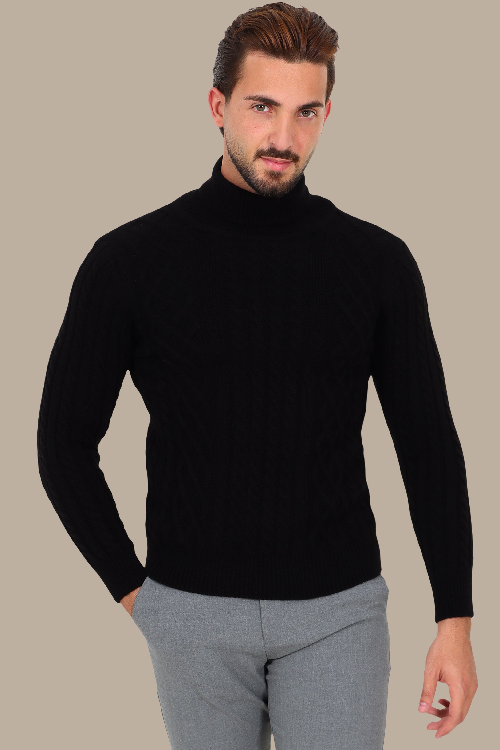 Black Thick Braided Turtleneck Sweater